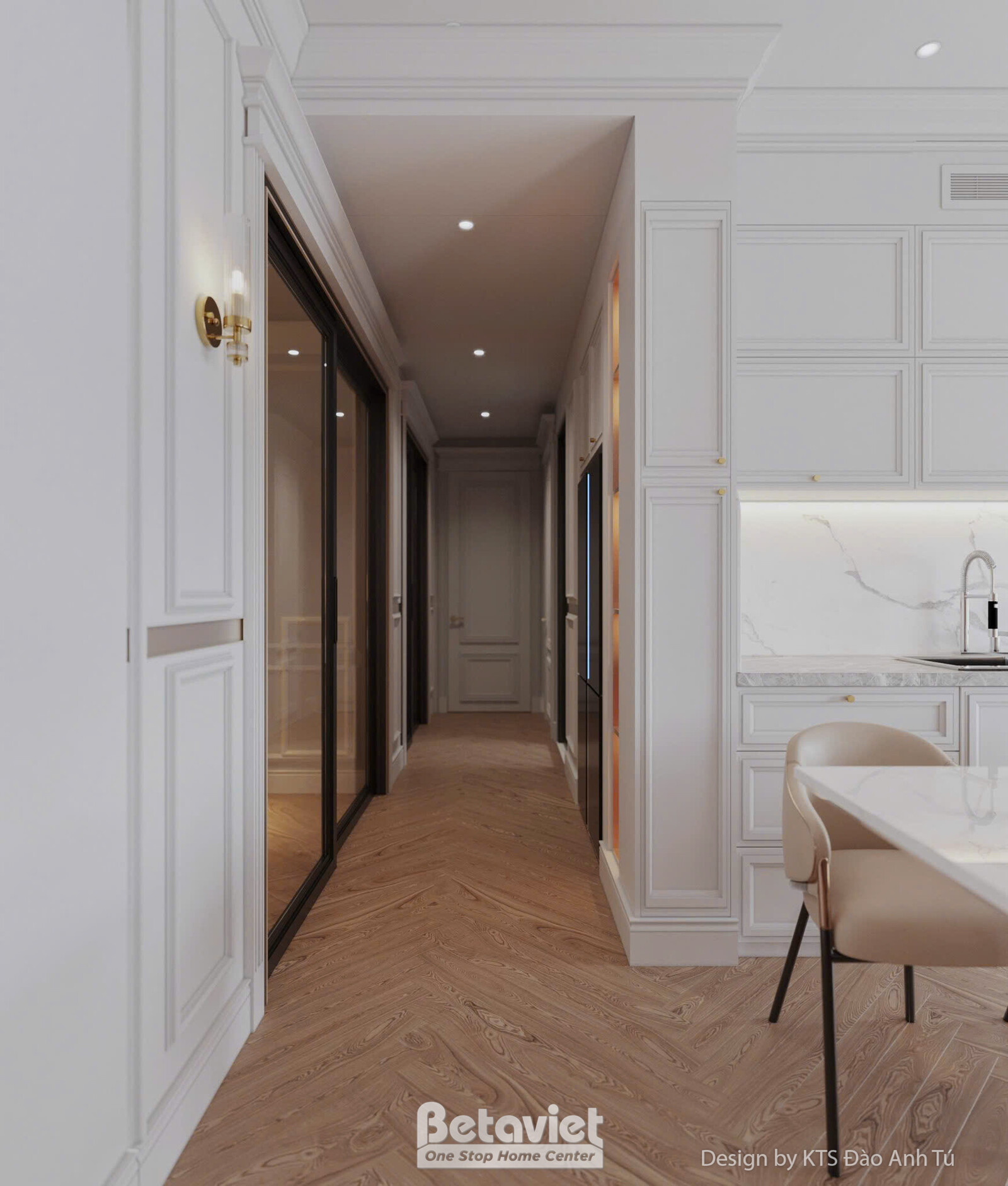 Khu bếp mở cạnh phòng ăn với quầy bếp ốp đá marble, hành lang sàn gỗ xương cá dẫn vào khu vực phòng ngủ, tường ốp phào chỉ…