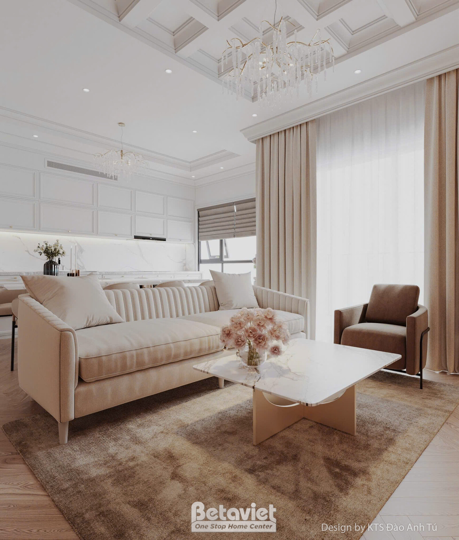 Phòng khách với cửa sổ kính lớn đón ánh sáng tự nhiên, rèm màu kem, ghế bành da nâu, sofa sọc kem, bàn trà đá marble, sàn…
