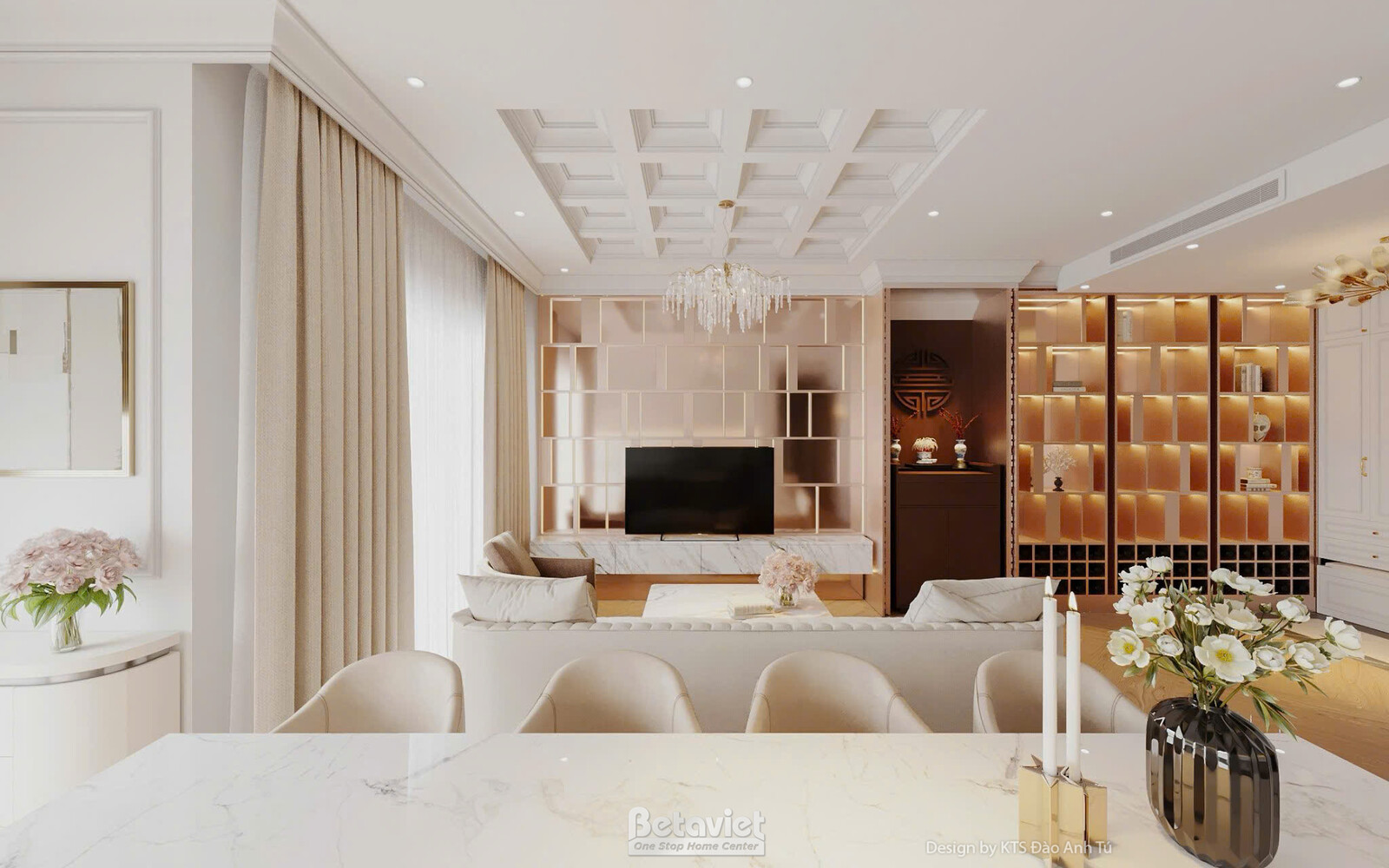 Phòng khách góc rộng với trần giật cấp ô vuông gắn đèn chùm pha lê, sofa trắng, phía sau liên thông khu bàn ăn, sàn gỗ tự…