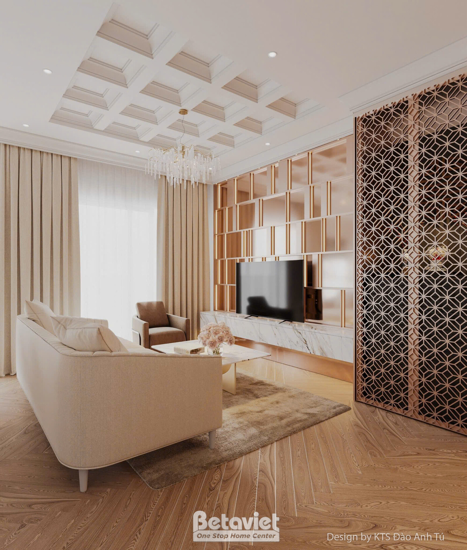 Phòng khách với kệ tivi ốp đá cẩm thạch, vách ngăn họa tiết ánh đồng chạm khắc, sofa nâu kem, thảm trải sàn, sàn gỗ tự nhi…