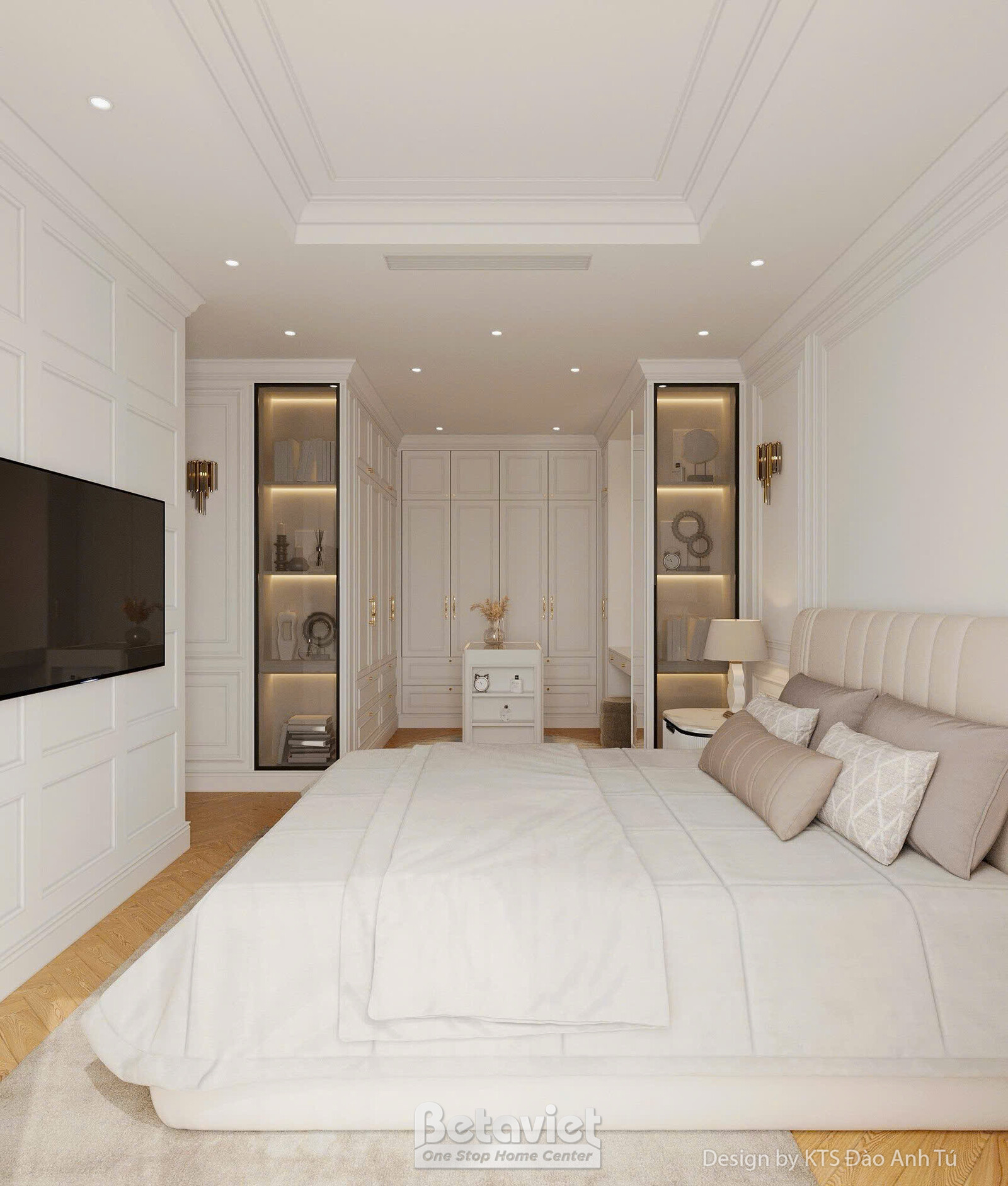 Phòng ngủ với giường bọc nệm trắng, tủ kệ âm tường có đèn hắt, góc sofa nhỏ, sàn gỗ tự nhiên, tổng thể nhẹ nhàng, sang trọng.