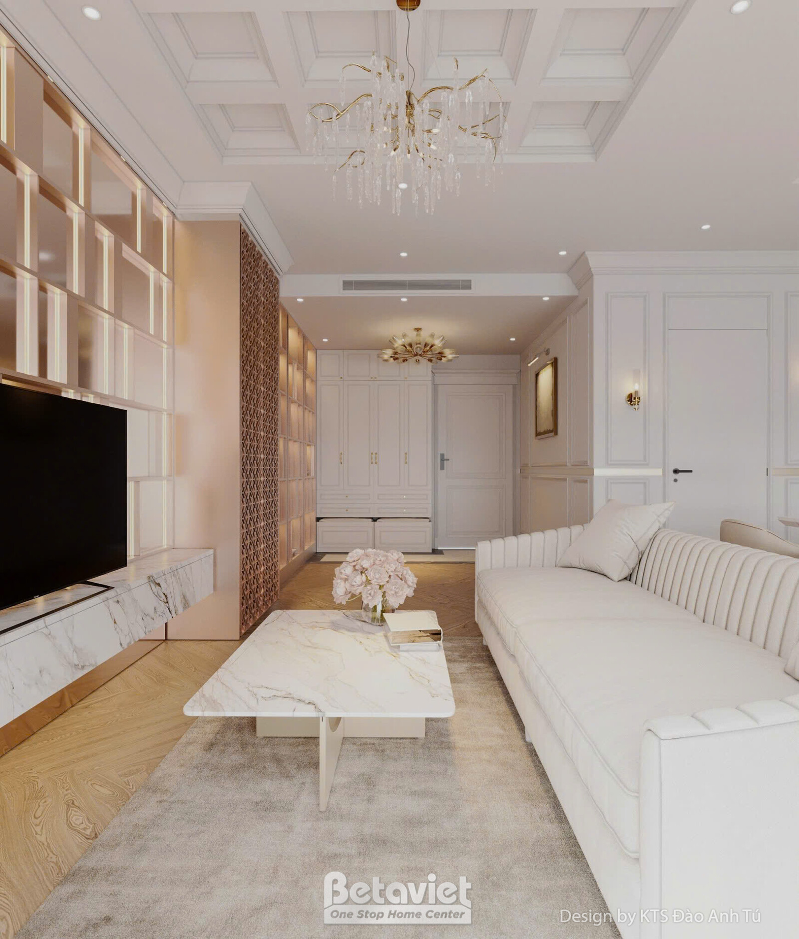Góc tiếp khách nhỏ trong phòng ngủ với sofa trắng, bàn trà, kệ tivi ốp đá marble, vách ngăn gỗ ánh đồng, sàn gỗ tự nhiên…