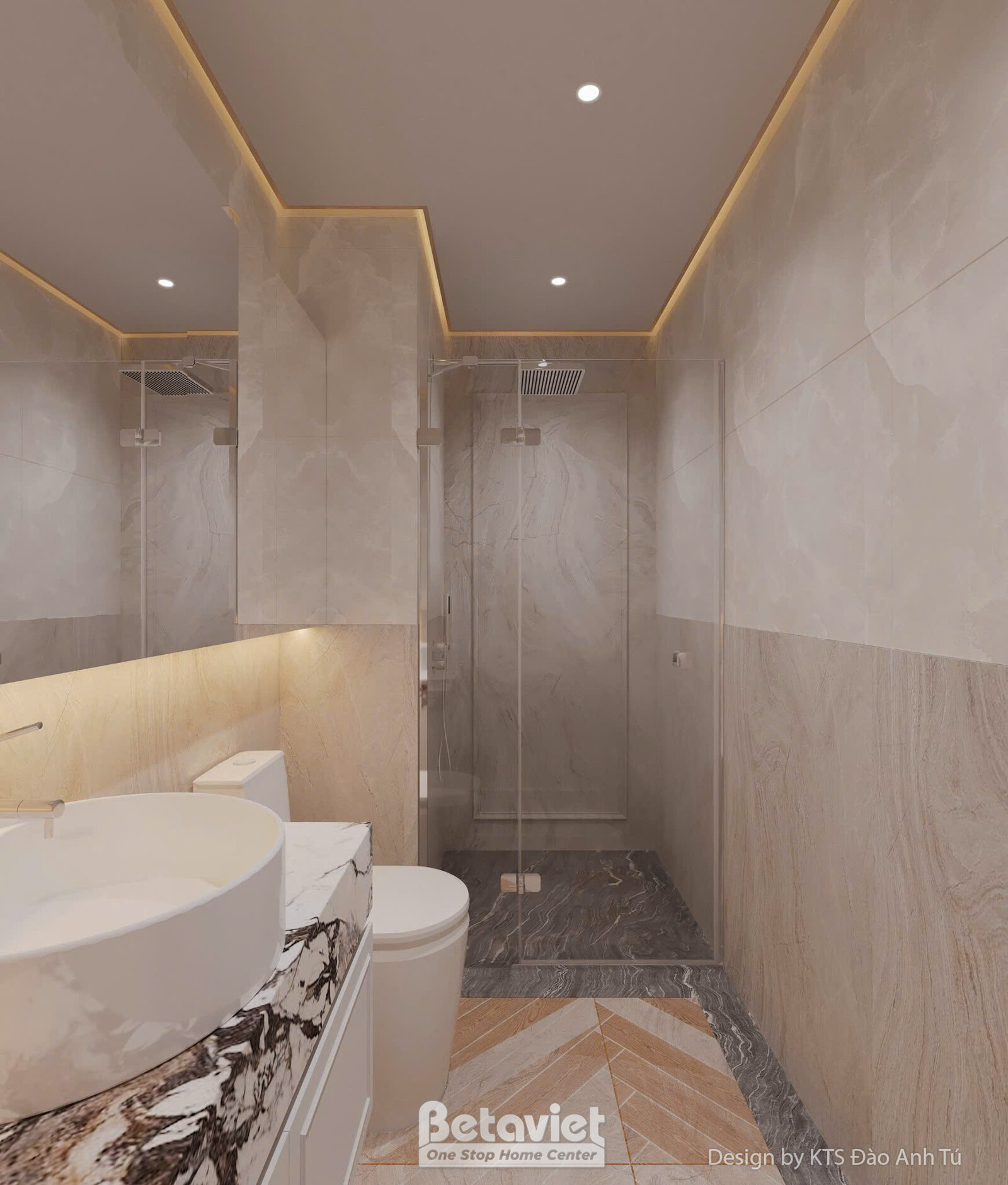 Phòng tắm với khu lavabo và vòi sen ngăn kính cường lực, tường ốp đá tông nâu be, đèn LED hắt trần dịu nhẹ, thiết kế gọn g…