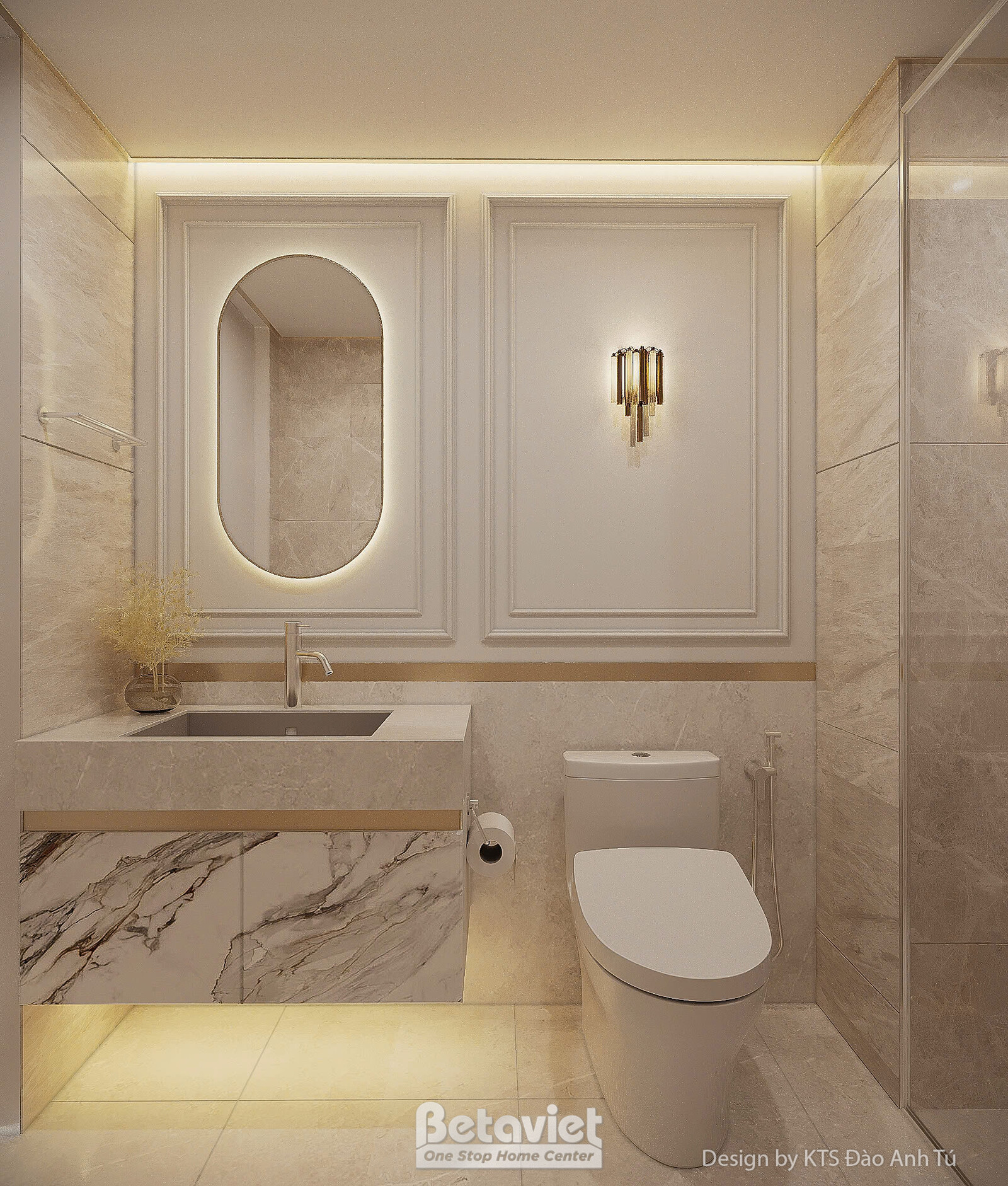 Phòng tắm với bồn rửa đá marble trắng vân xám, gương đèn LED oval, bồn cầu trắng, đèn tường mạ vàng đối xứng, không gian s…