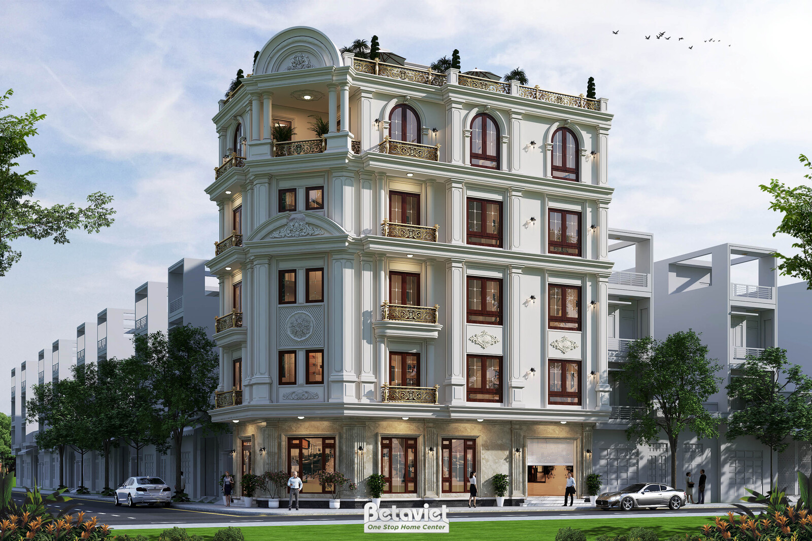Góc nhìn chếch phải mặt tiền, cột trụ Corinthian trải dài từ tầng 1 đến tầng 4, cửa sổ vòm đối xứng khung nâu, hàng cây xa…