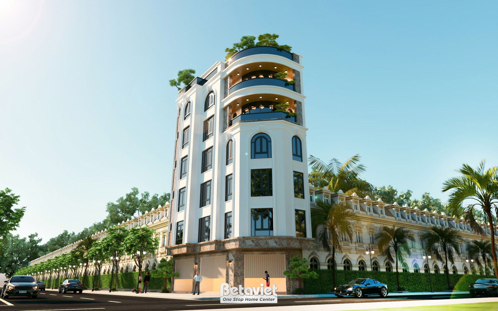 Toàn cảnh dãy nhà mặt phố nhìn từ góc đường rộng, tòa nhà tân cổ điển nổi bật ở vị trí góc với khối tháp tròn nhiều tầng…