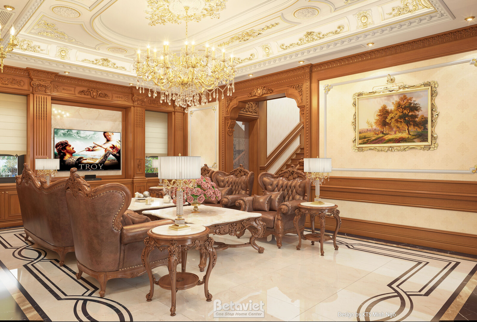 Nội thất phòng khách biệt thự tân cổ điển KT25813 – góc nhìn 4