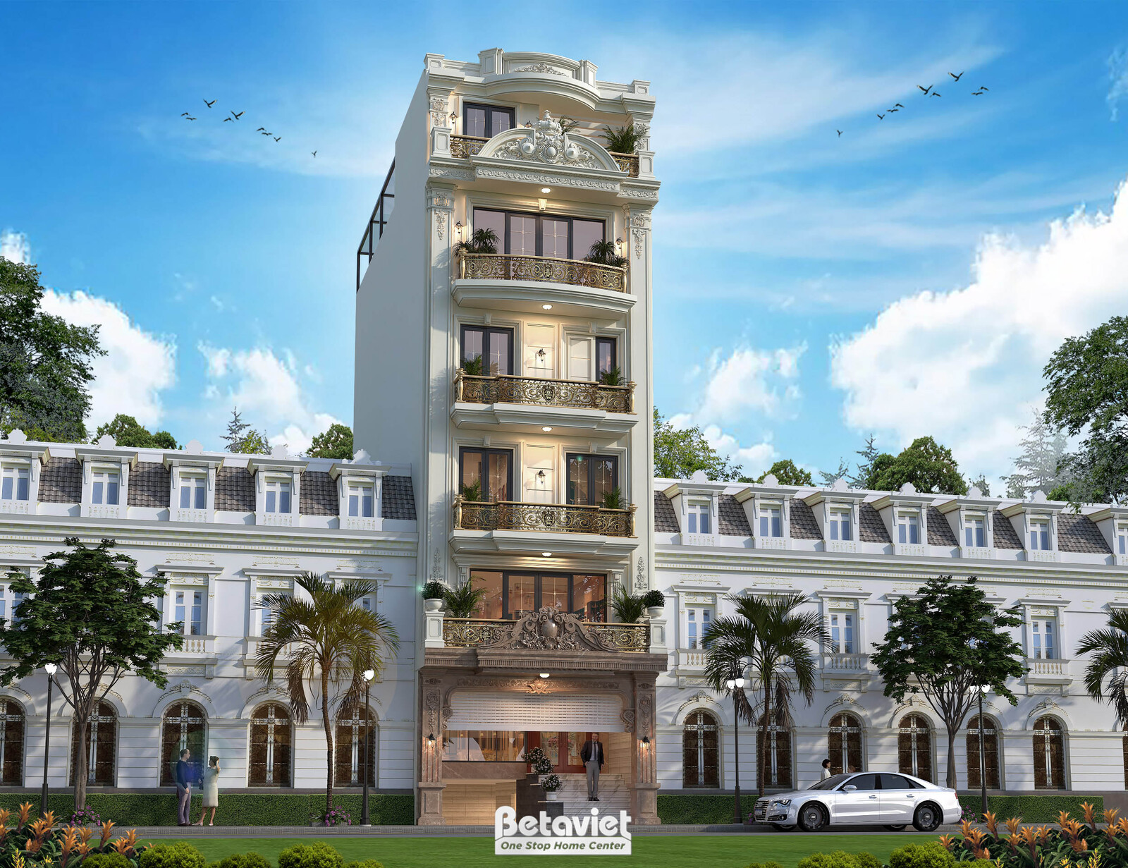 Góc nhìn xiên nhấn mạnh chiều cao 6 tầng của công trình, đường nét cột trụ và ban công lặp nhịp đều đặn từ thấp lên cao. T…