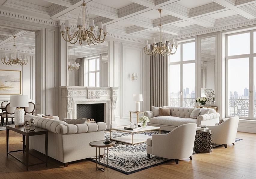 Phối cảnh phòng khách penthouse tân cổ điển có trần ô vuông, hai đèn chùm, lò sưởi trắng và cửa sổ lớn nhìn ra thành phố