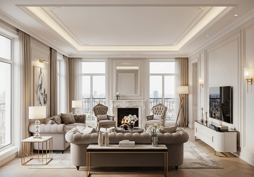 Phối cảnh phòng khách tân cổ điển, trần hắt đèn, lò sưởi, sofa chesterfield xám và cửa kính lớn
