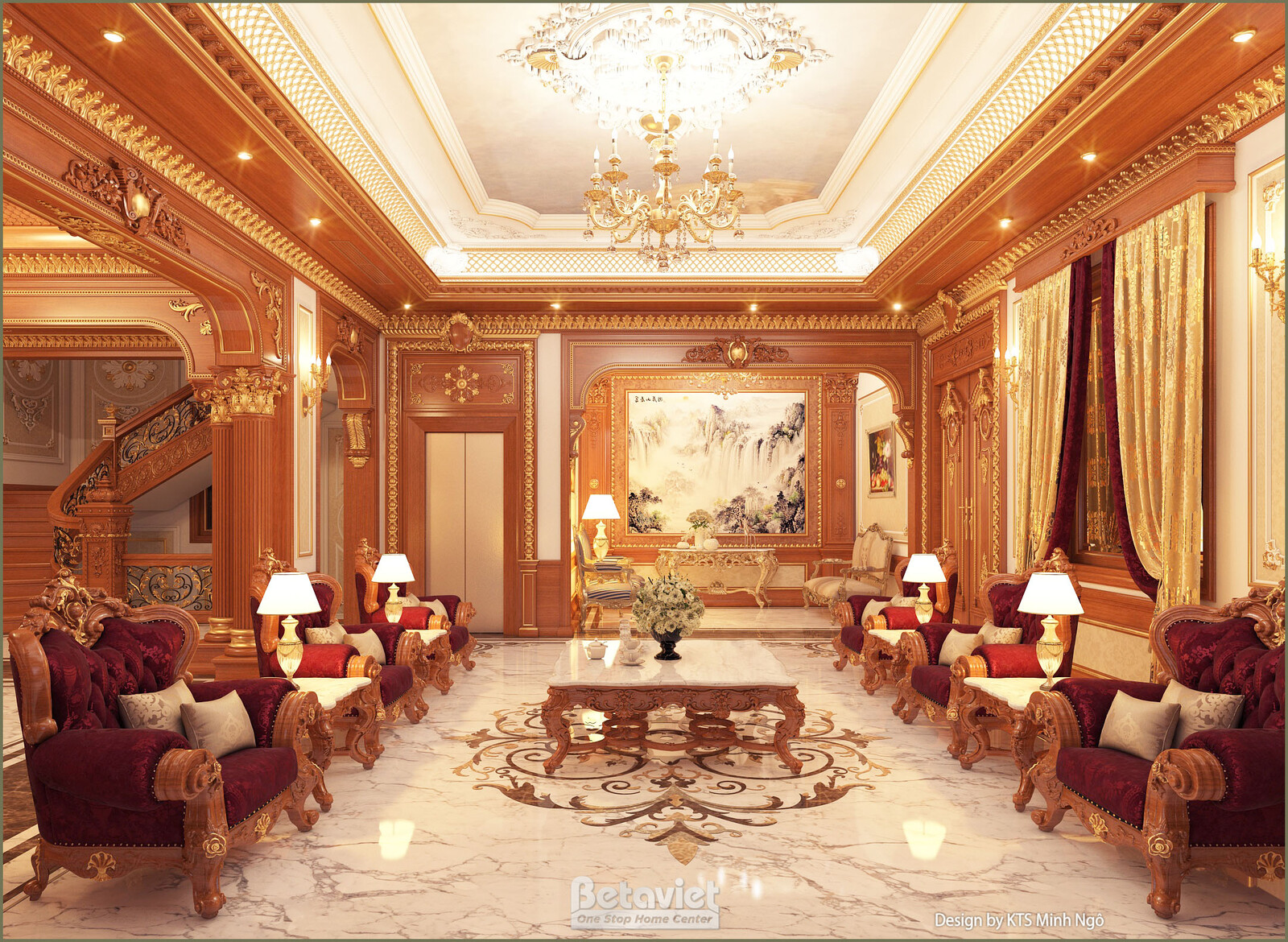 Nội thất phòng khách biệt thự tân cổ điển NT25814 – góc nhìn tổng thể