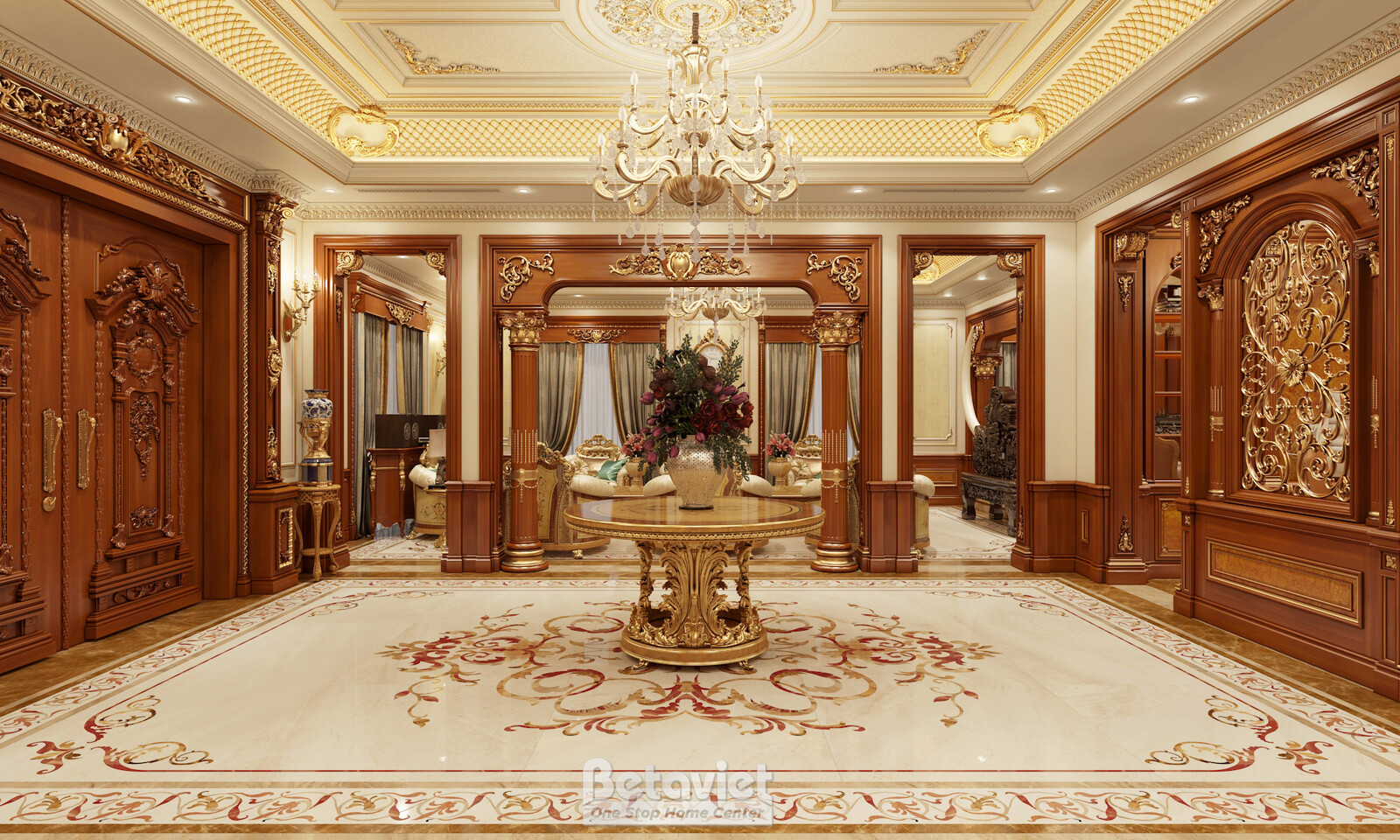 Nội thất đại sảnh biệt thự tân cổ điển NT2009313 – góc nhìn tổng thể