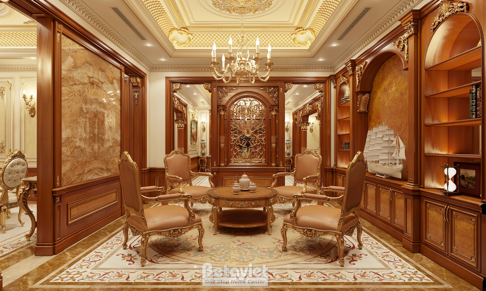 Nội thất phòng sinh hoạt chung biệt thự tân cổ điển NT2009313 – góc nhìn tổng thể