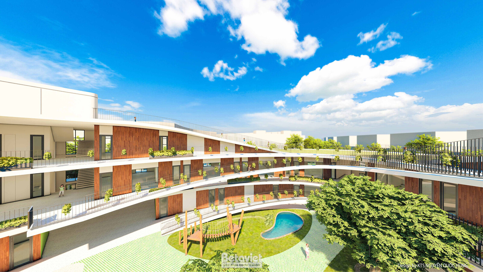 Không gian hành lang cong tầng trên nhìn xuống sân trong, lan can kính kết hợp khung kim loại, mặt đứng ốp gỗ nâu nhiều lớ…