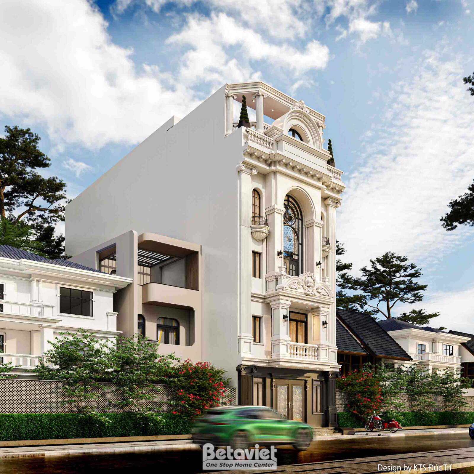 Phối cảnh góc chéo mặt tiền, lộ rõ khối tường bên hông và mái ngói nhà kế cận, pediment tam giác trên đỉnh, hệ ban công la…