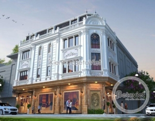 Phối cảnh mặt tiền cùng góc chụp ban ngày, nhấn vào chi tiết tầng trệt kinh doanh với hệ vách kính khung nhôm, biển hiệu v…