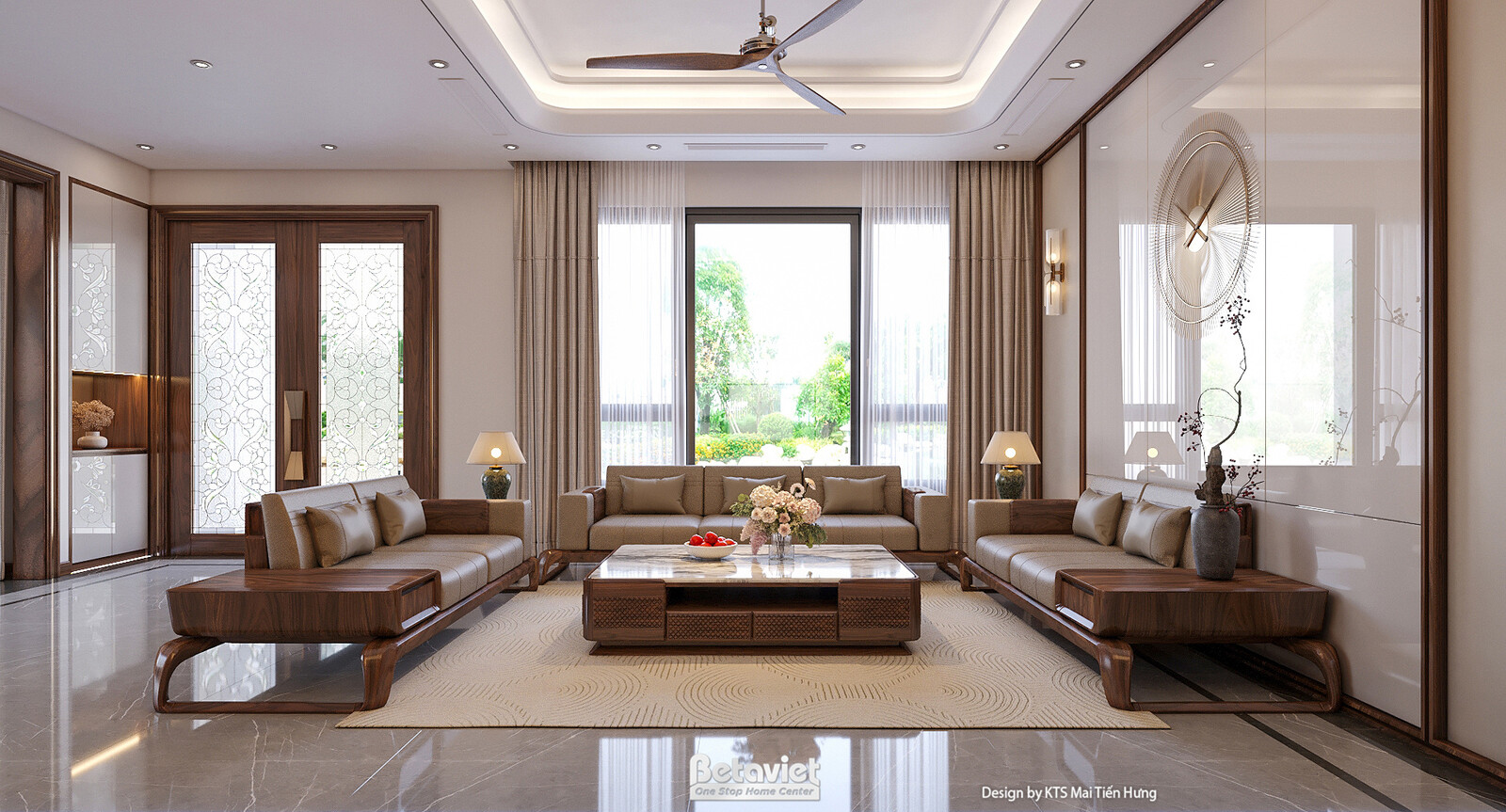 Nội thất phòng khách biệt thự hiện đại gỗ NT2009342 – góc nhìn tổng thể