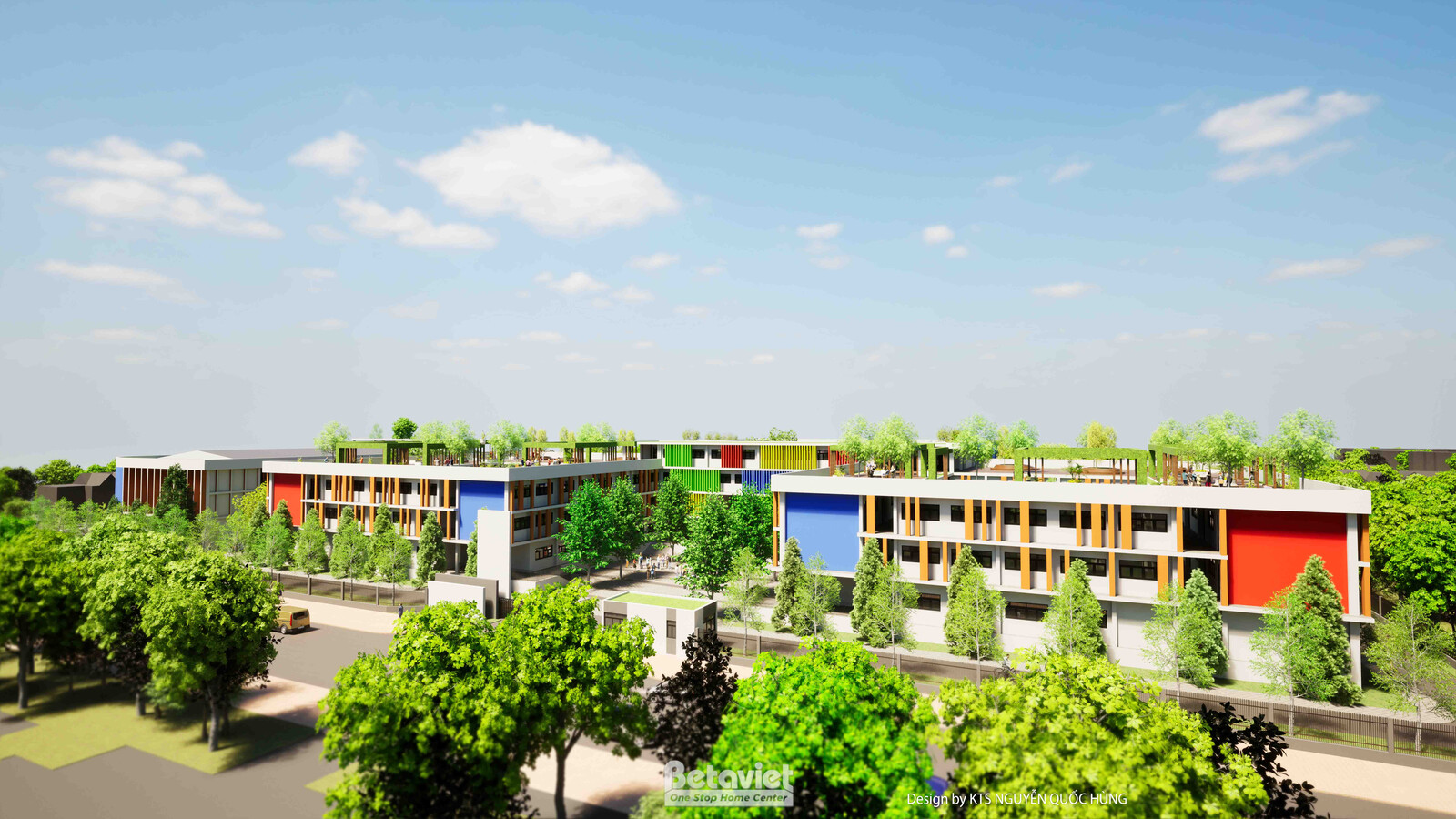 Góc nhìn thấp từ mặt đất chếch lên, thể hiện chiều dài mặt đứng công trình với hệ lam gỗ dọc màu cam, xen các mảng panel v…