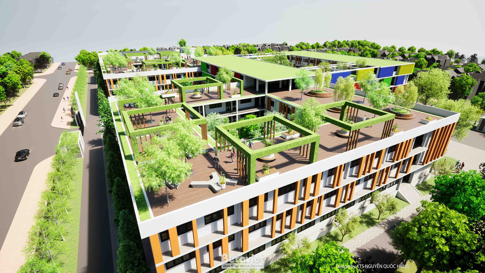 Góc chụp trên cao nghiêng vào khu vườn mái, các bậc sân thượng trồng cây xanh, giàn pergola gỗ và ghế ngồi ngoài trời bố t…