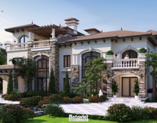 Phối cảnh trung tâm mặt tiền biệt thự với hệ cửa sổ vòm cong đặc trưng Địa Trung Hải, ban công lan can trắng tinh tế, thảm…