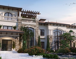 Góc chụp chéo từ phía bên phải cho thấy khối kiến trúc so le của biệt thự, giàn pergola gỗ nổi bật trên mái, hệ cửa kính c…