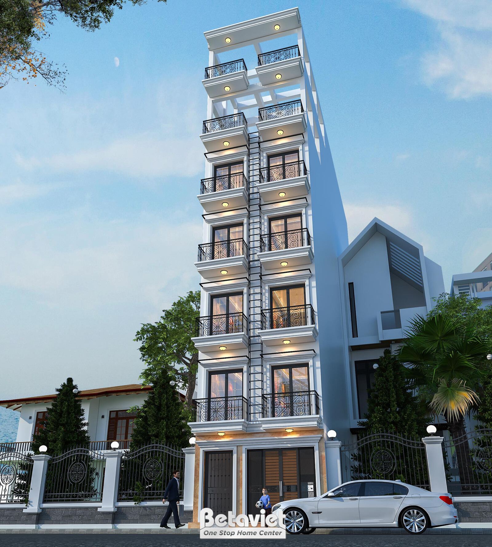 Góc chụp chếch từ vỉa hè, thấy toàn bộ chiều cao công trình từ tầng 1 đến tầng tum, hàng cây xanh trước sân nhà bên cạnh…