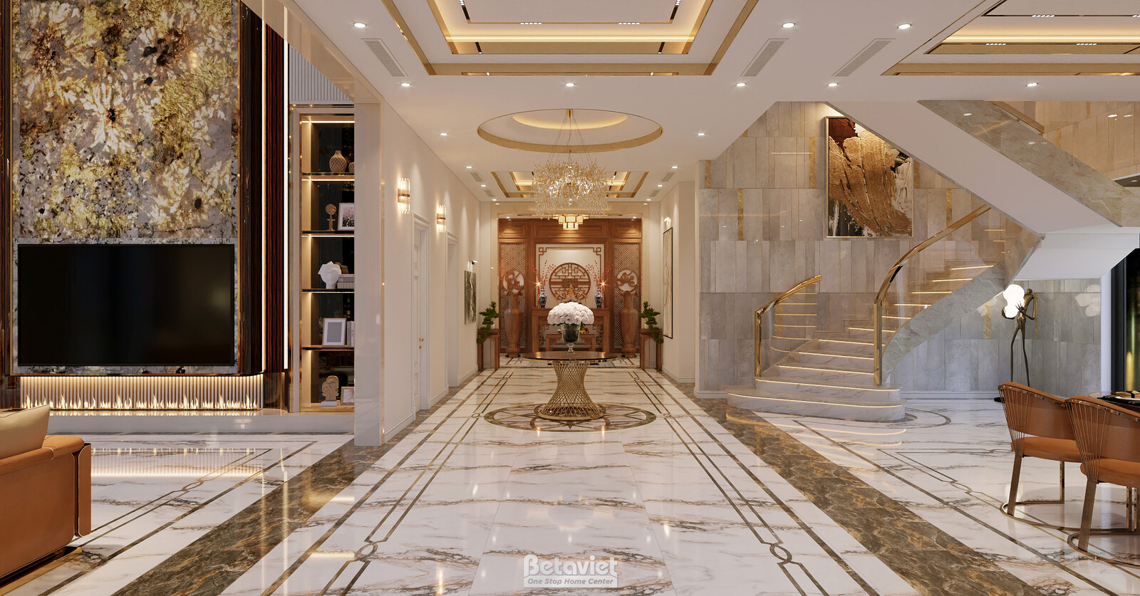 Nội thất đại sảnh biệt thự hiện đại luxury KT8002312 – góc nhìn tổng thể