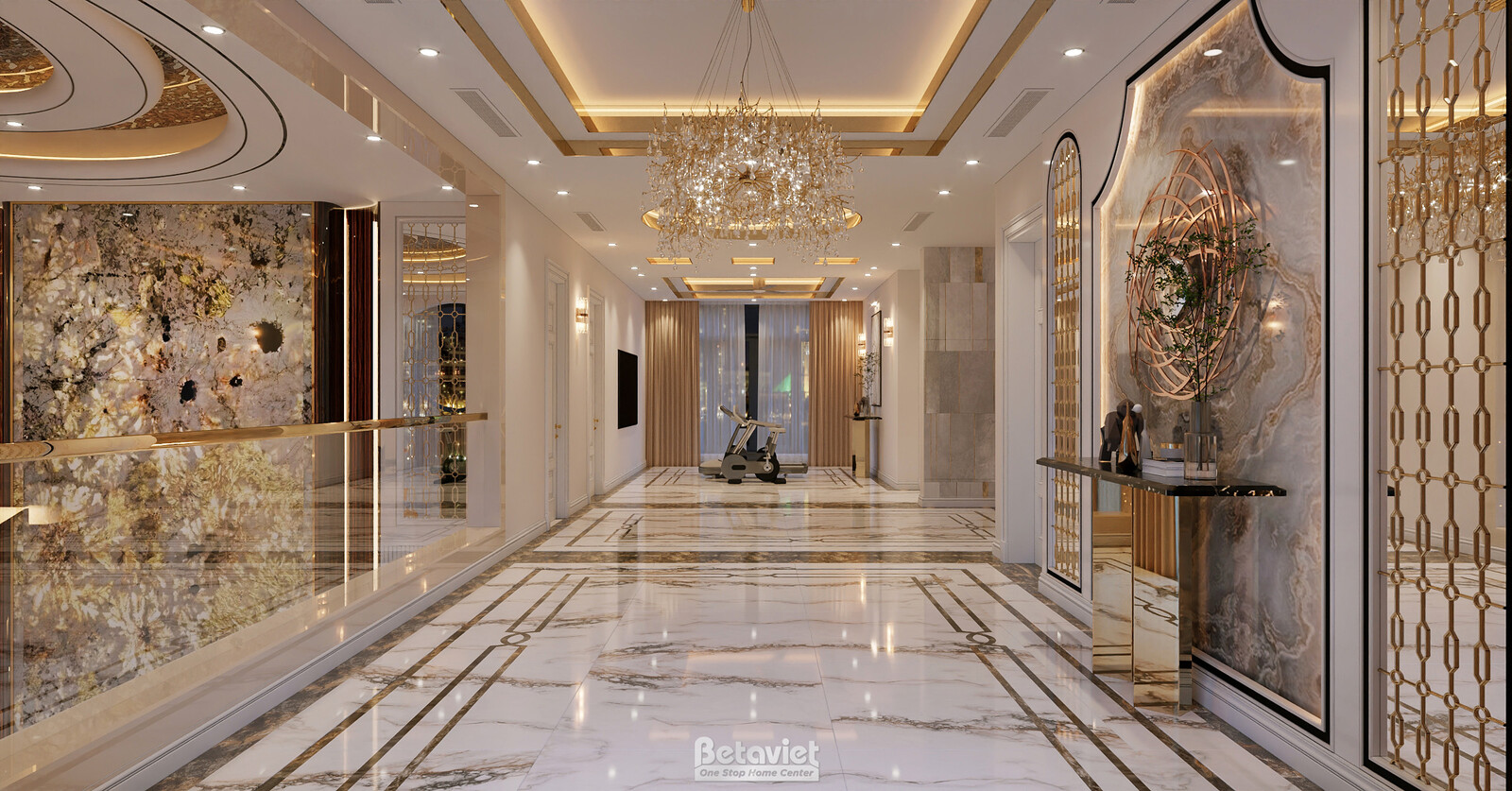 Nội thất hành lang biệt thự hiện đại luxury KT8002312 – góc nhìn tổng thể