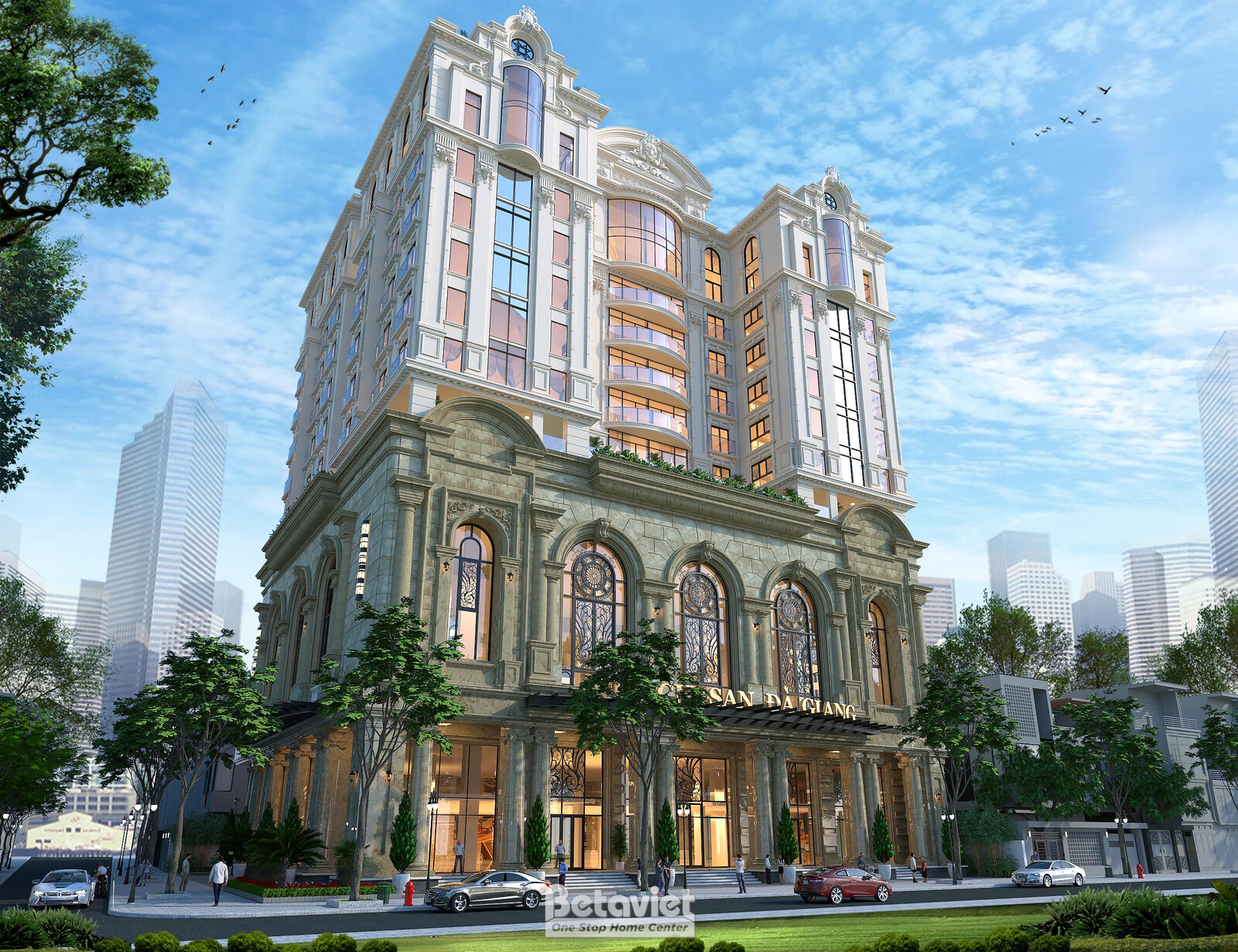 Phối cảnh góc nghiêng khác của khách sạn, cây xanh cao lớn che một phần góc phải, làm nổi bật khối kiến trúc tân cổ điển v…