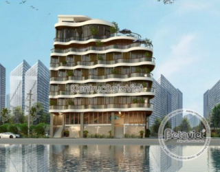 Phối cảnh lấy mặt nước làm tiền cảnh, in bóng công trình 7 tầng cùng dải ban công cong xuống mặt hồ. Xe hơi đậu ven hồ, án…