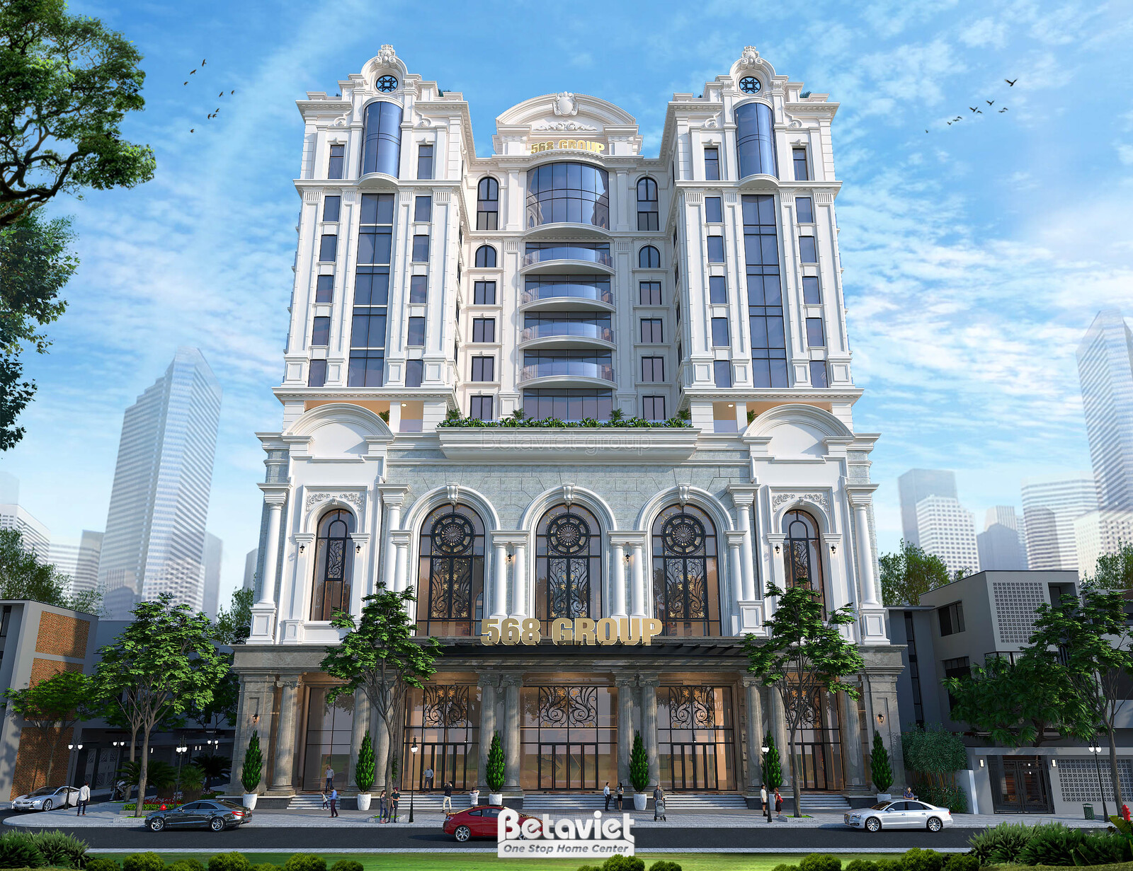 Phối cảnh mặt tiền ban ngày, trời xanh, ba khối tháp mái vòm cupola, tầng đế dãy cột trắng và cửa vòm cung lớn, ô tô và câ…