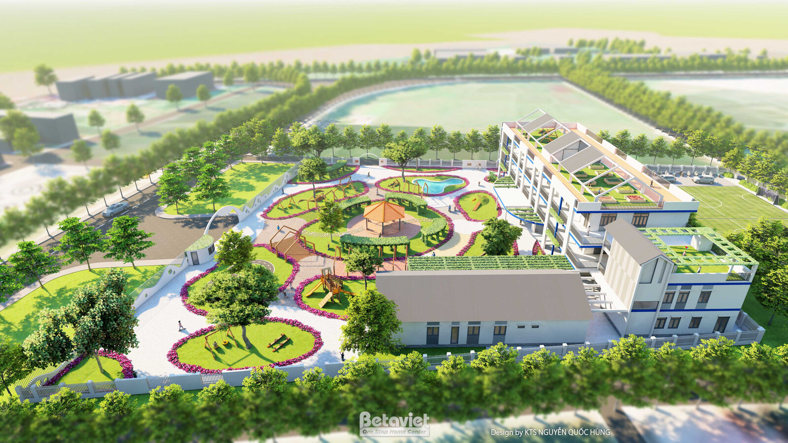 Phối cảnh trên cao nghiêng, khối nhà bên phải có sân thượng phủ xanh và khu bể bơi mái, sân chơi trung tâm với vòng tròn c…