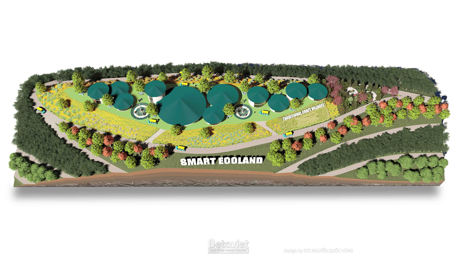Mô hình khu vực mang bảng tên Smart Ecoland, dãy mái vòm ngọc lam hình tròn xếp hàng đối xứng như những nhà kính nhỏ, viền…