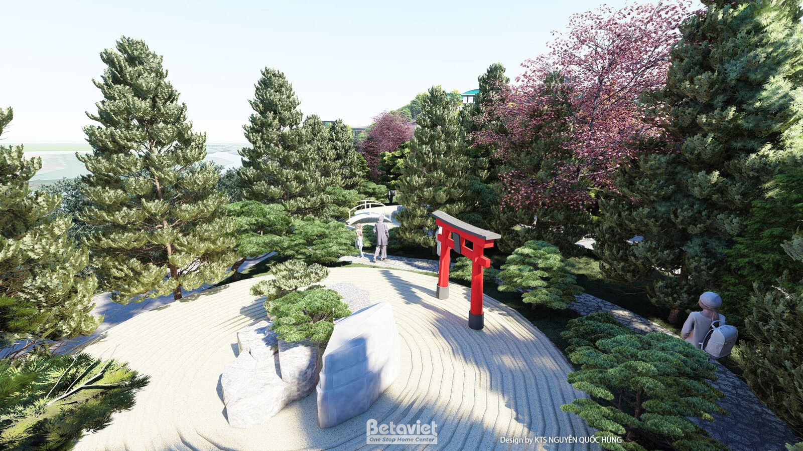 Ảnh phối cảnh khu vườn phong cách Nhật Bản, cổng torii đỏ nổi bật giữa sân sỏi trắng cào vân sóng, hàng thông và anh đào b…