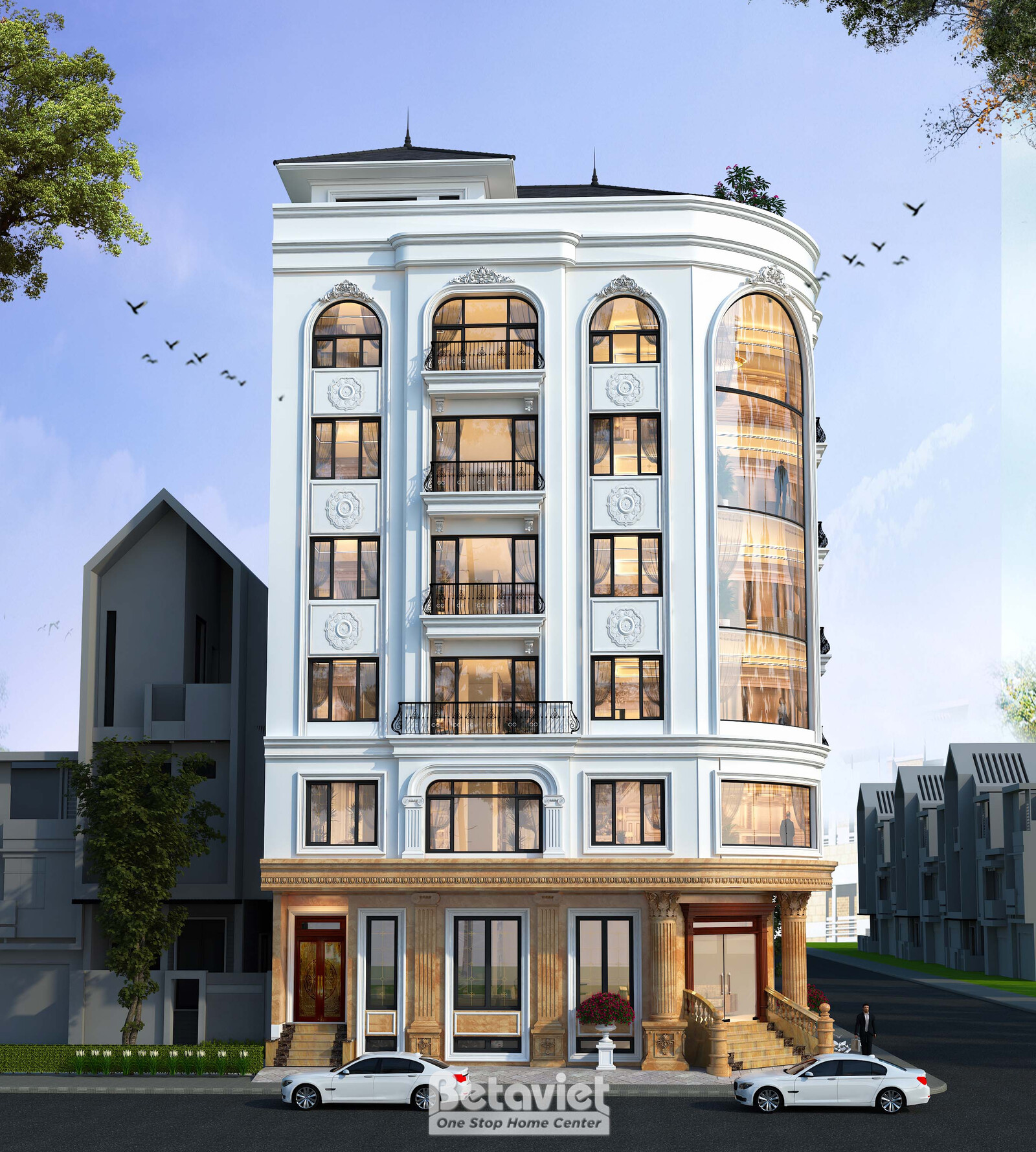 Góc chụp nghiêng cận tòa nhà, làm rõ khối bo cong góc với dải cửa kính uốn lượn và ban công từng tầng, tường sơn trắng xan…