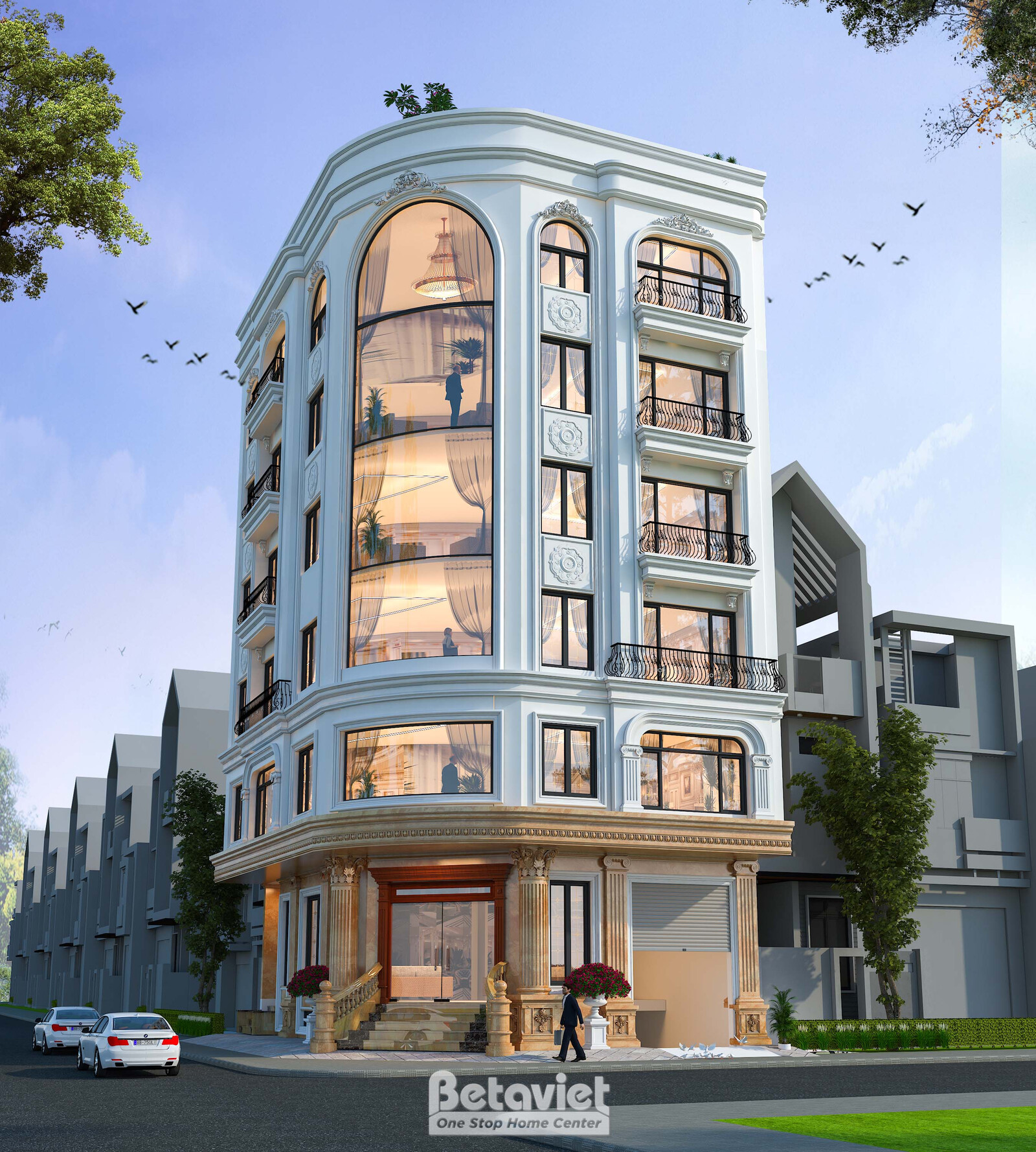 Toàn cảnh mặt tiền tòa nhà nhìn thẳng ban ngày, trời xanh có chim bay, khối bo cong ốp kính bên trái, cửa sổ vòm trải dài…