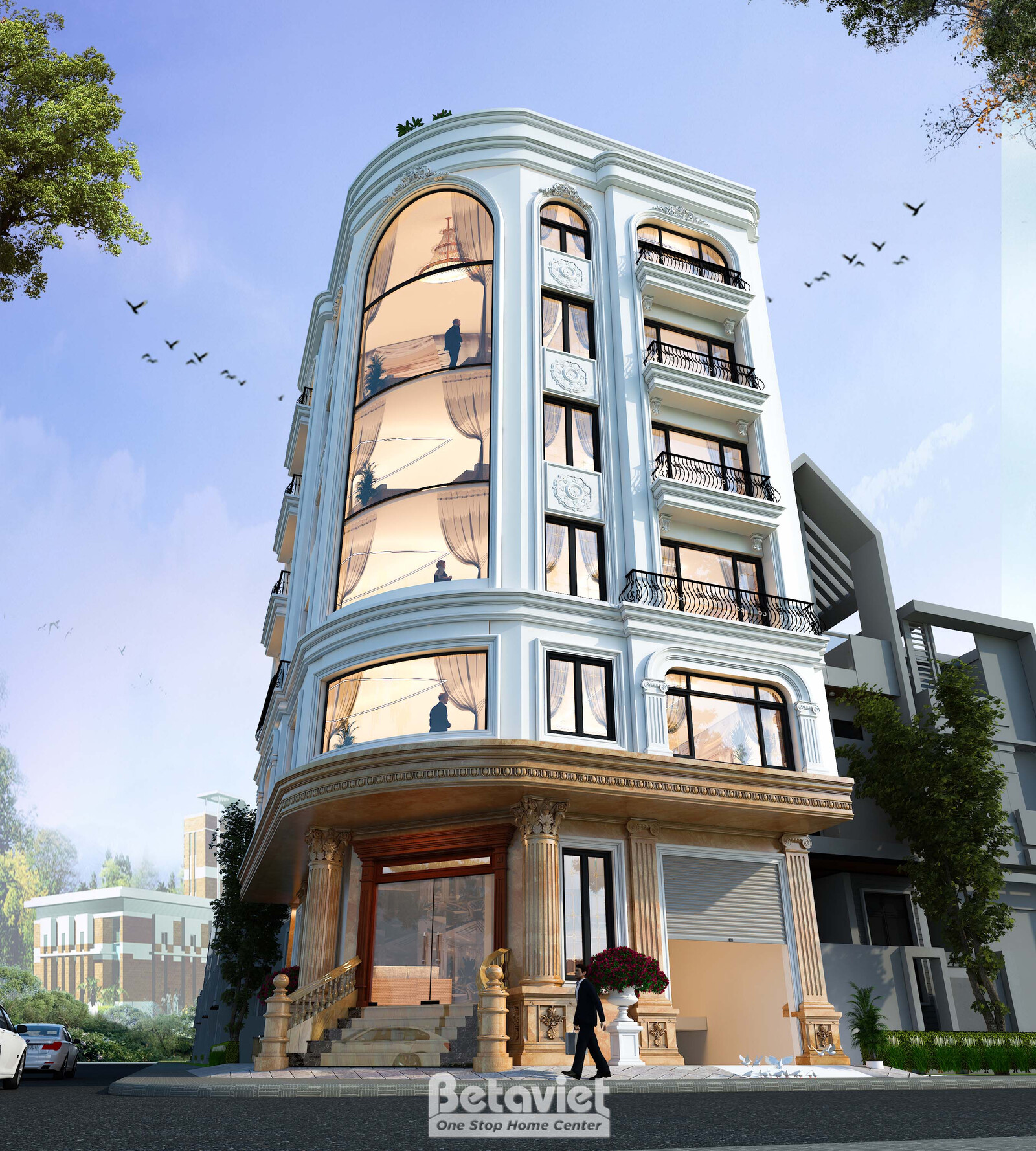 Cận cảnh khối bo tròn góc tòa nhà tập trung vào ban công và cửa vòm tầng cao, ánh sáng ấm hắt ra từ bên trong, mái hiên sả…