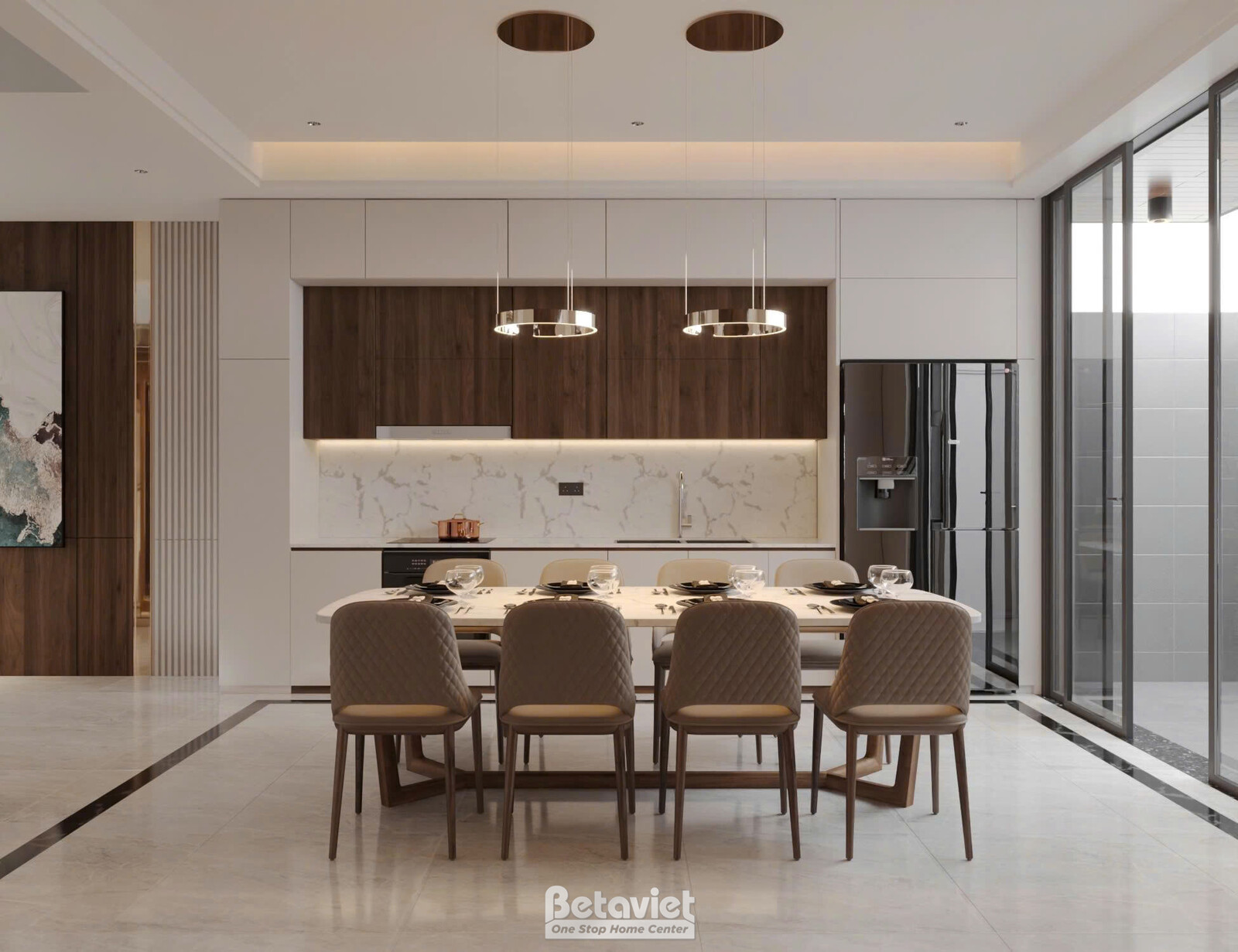 Không gian bếp liền phòng ăn, tủ bếp gỗ vân tối kết hợp mặt đá marble, cụm đèn thả tròn phía trên đảo bếp, bàn ăn ghế bọc…
