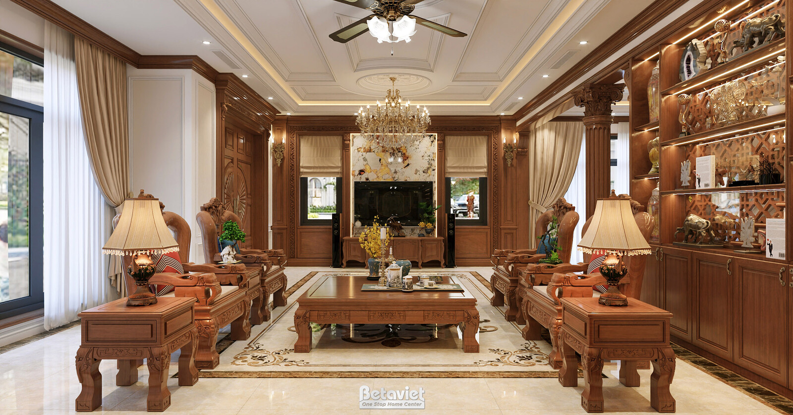 Nội thất phòng khách biệt thự tân cổ điển NT2009277 – góc nhìn tổng thể