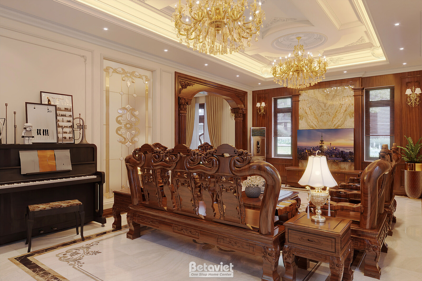 Nội thất phòng khách biệt thự tân cổ điển NT8190050 – góc nhìn 3