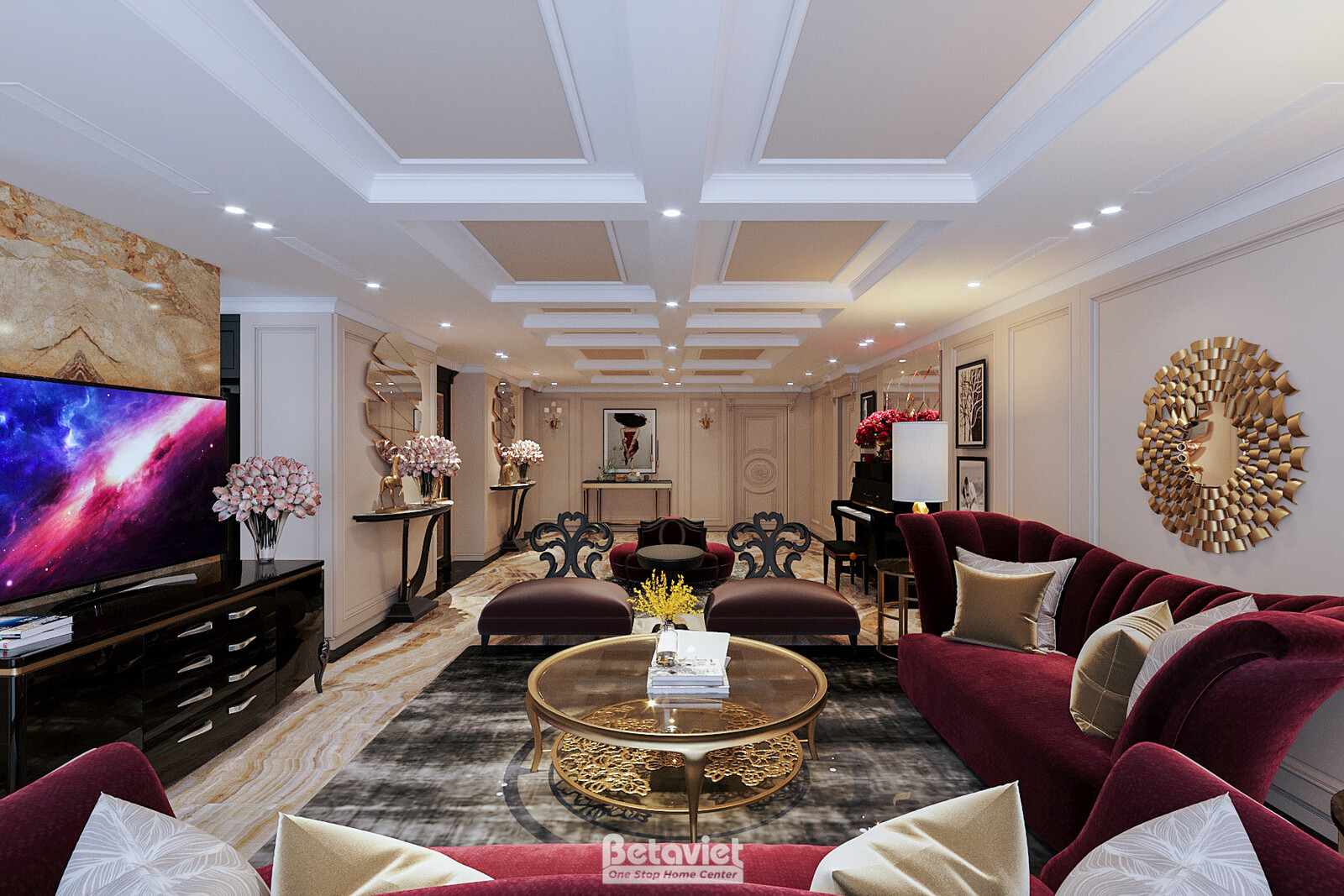 Phòng khách Penthouse Art Deco với sofa nhung đỏ rượu vang, kệ tivi sơn đen bóng ốp đá vân mây phía sau. Tường màu kem, ch…