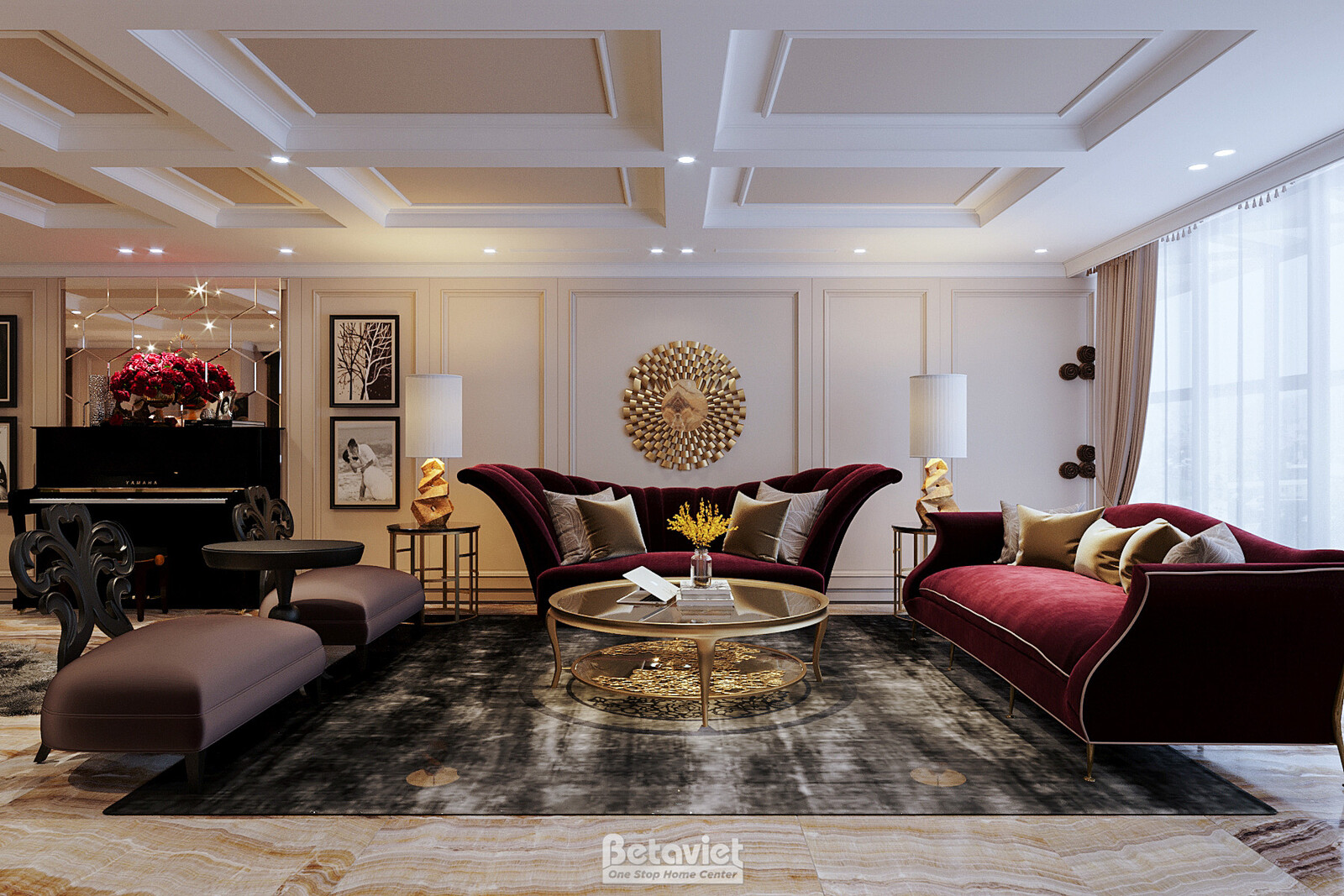Toàn cảnh phòng khách Penthouse, sofa nhung đỏ kê hình chữ U quanh bàn trà mạ vàng, thảm lông xám trải sàn đá. Cửa sổ lớn…