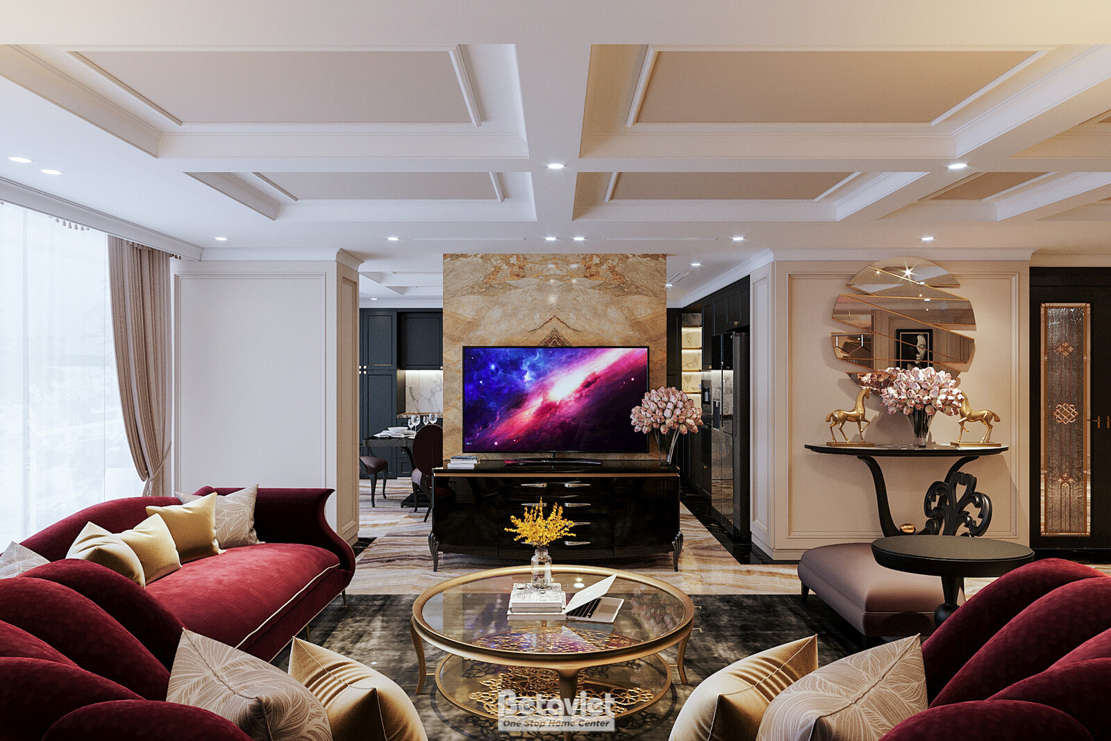 Góc phòng khách Penthouse nhìn từ hướng cửa sổ lớn, sofa nhung đỏ rượu vang kê sát tường đá vân mây, gương tròn hoa văn ki…