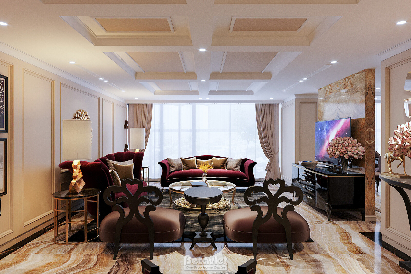 Phòng khách Penthouse với ghế bành điêu khắc đen cạnh piano góc phòng, sofa nhung đỏ rượu vang kê đối diện, trần coffered…