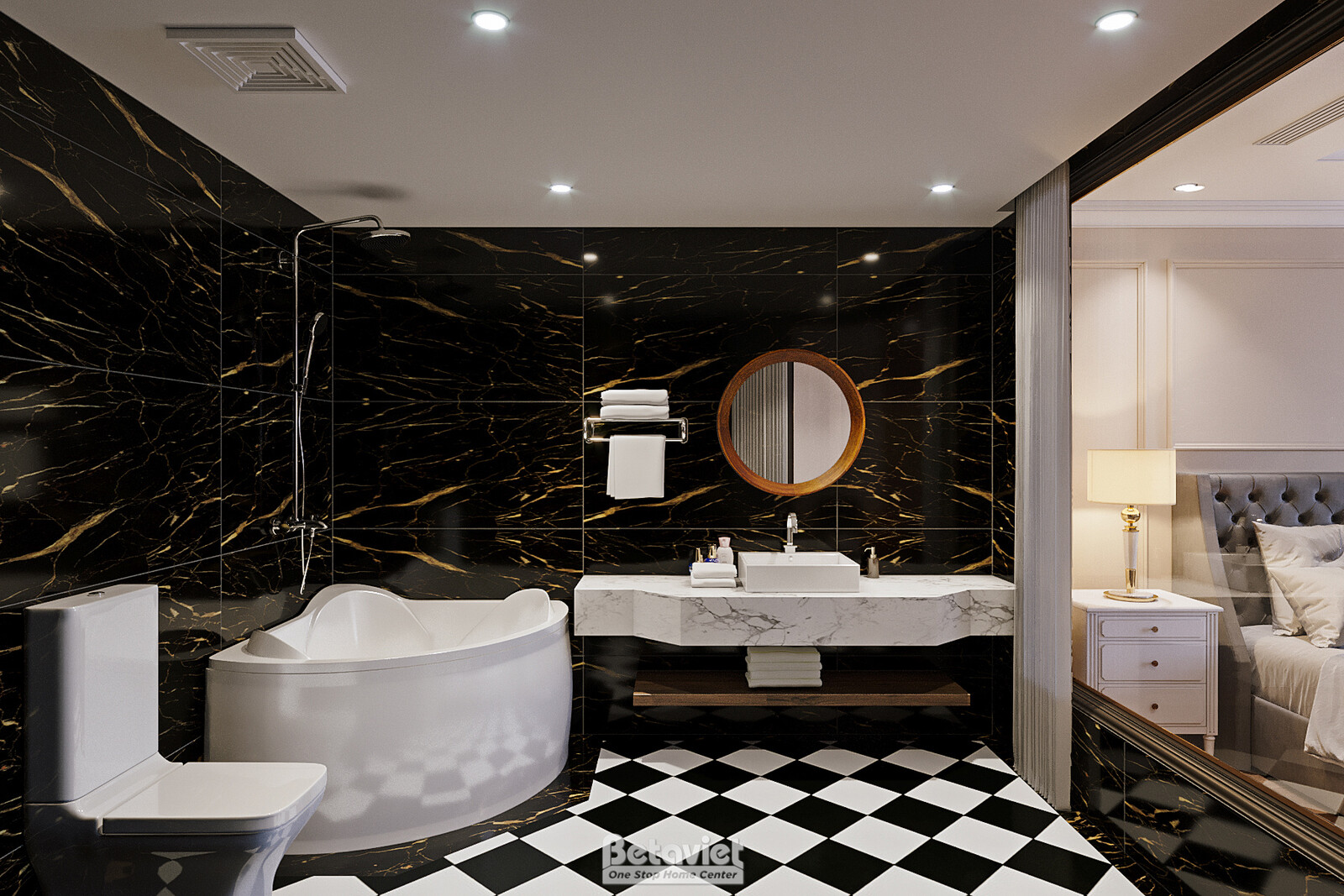 Phòng tắm khách sạn ốp đá đen vân vàng, bồn tắm oval, lavabo đá trắng hiện đại, gương tròn viền đồng. Sàn gạch caro đen tr…