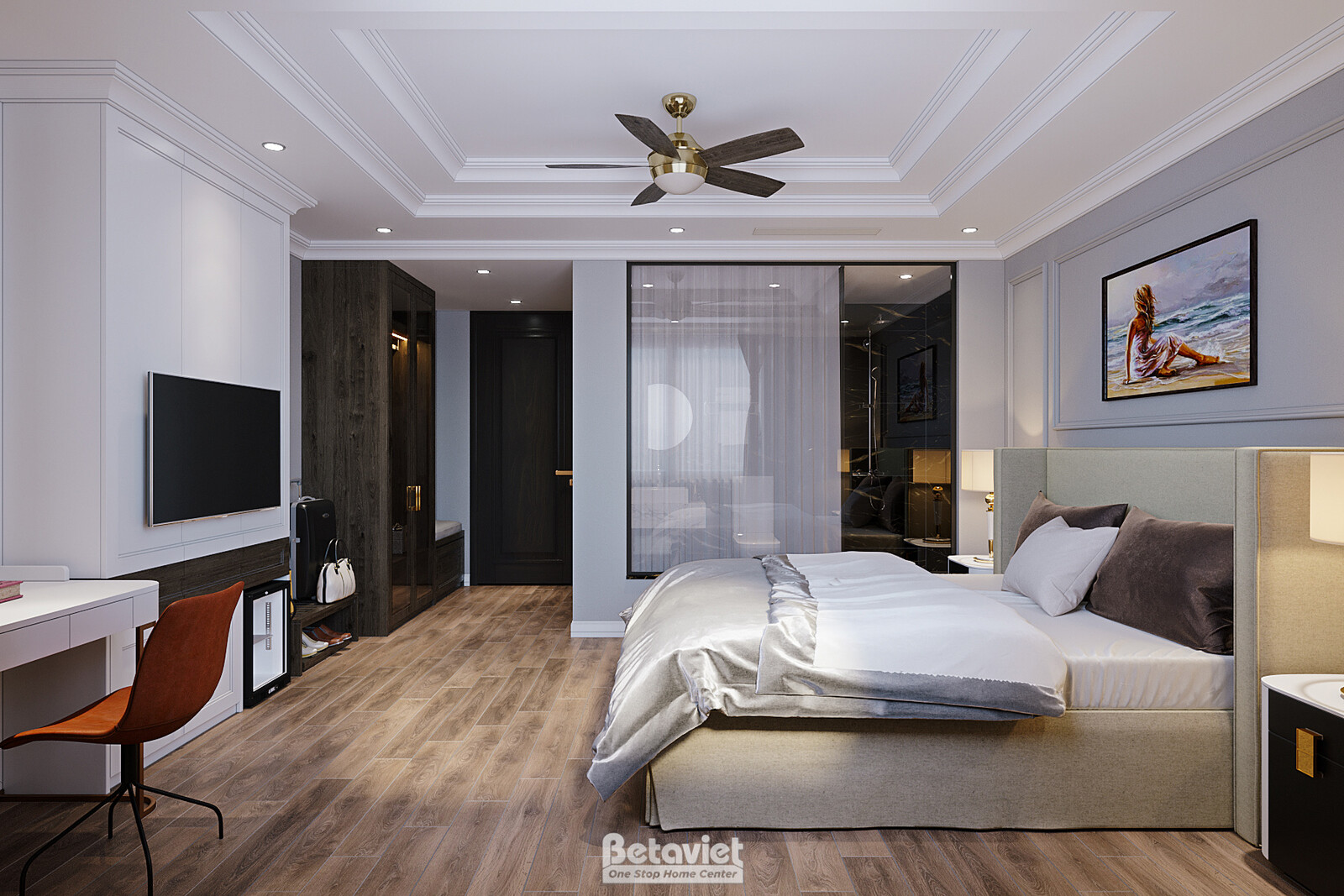 Phòng ngủ khách sạn với tivi, tủ minibar, bàn ghế cam làm điểm nhấn, tranh nghệ thuật treo tường. Giường ga trắng be, ánh…