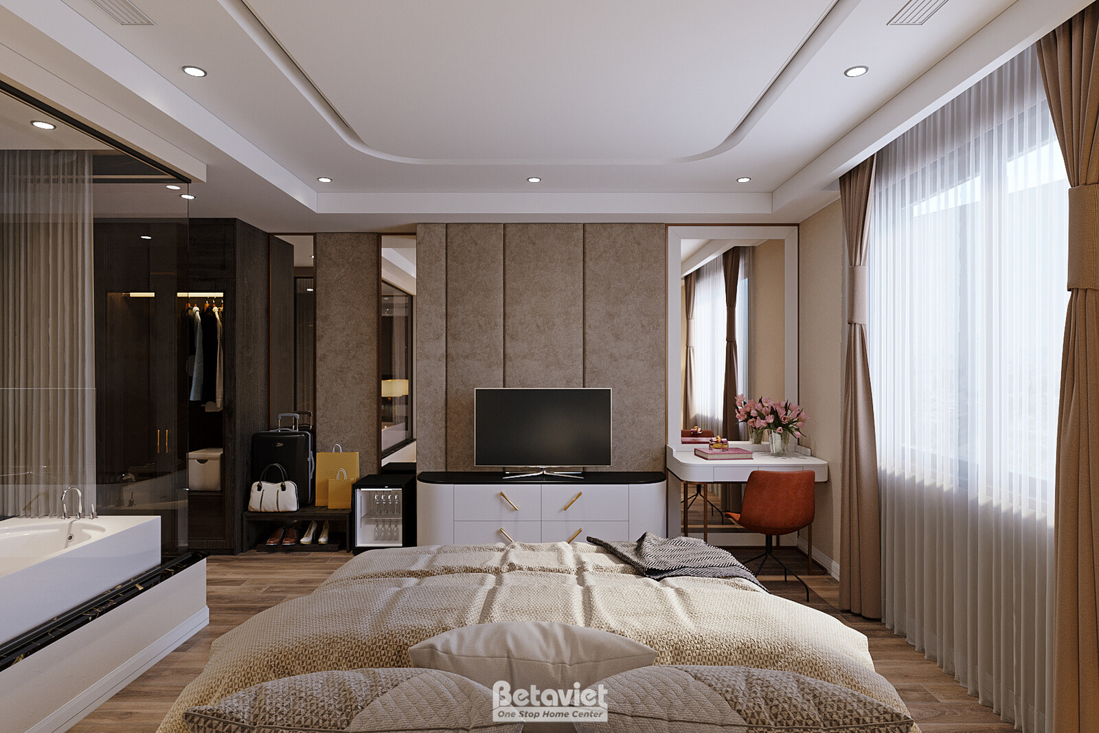 Phòng ngủ khách sạn với tủ tivi đen, bàn trang điểm trắng, rèm cửa sổ lớn buông mềm mại. Ga giường tông be trung tính, ánh…