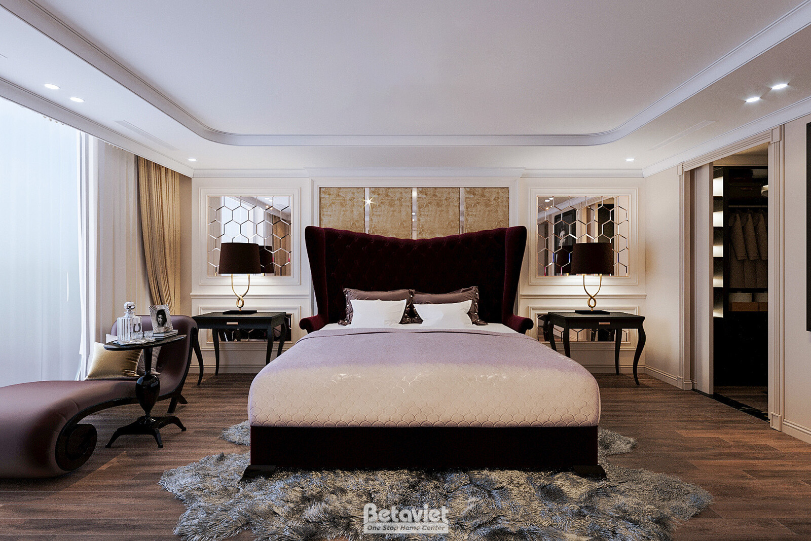 Phòng ngủ Master Penthouse với giường cỡ lớn đầu giường bọc nhung đỏ đậm, táp đầu giường đen ánh kim. Sàn gỗ tự nhiên nâu…