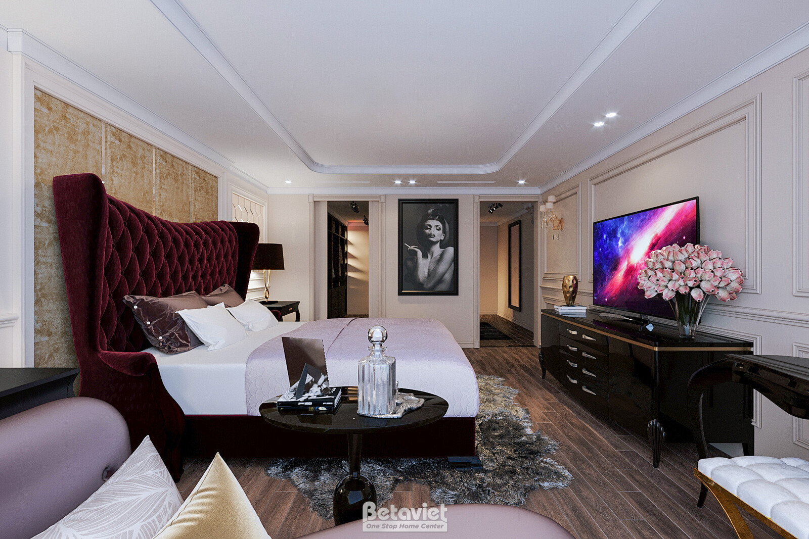 Phòng ngủ Master Penthouse nhìn từ góc cửa, đầu giường nhung đỏ đậm tufted, tranh chân dung đen trắng treo tường, tủ tivi…