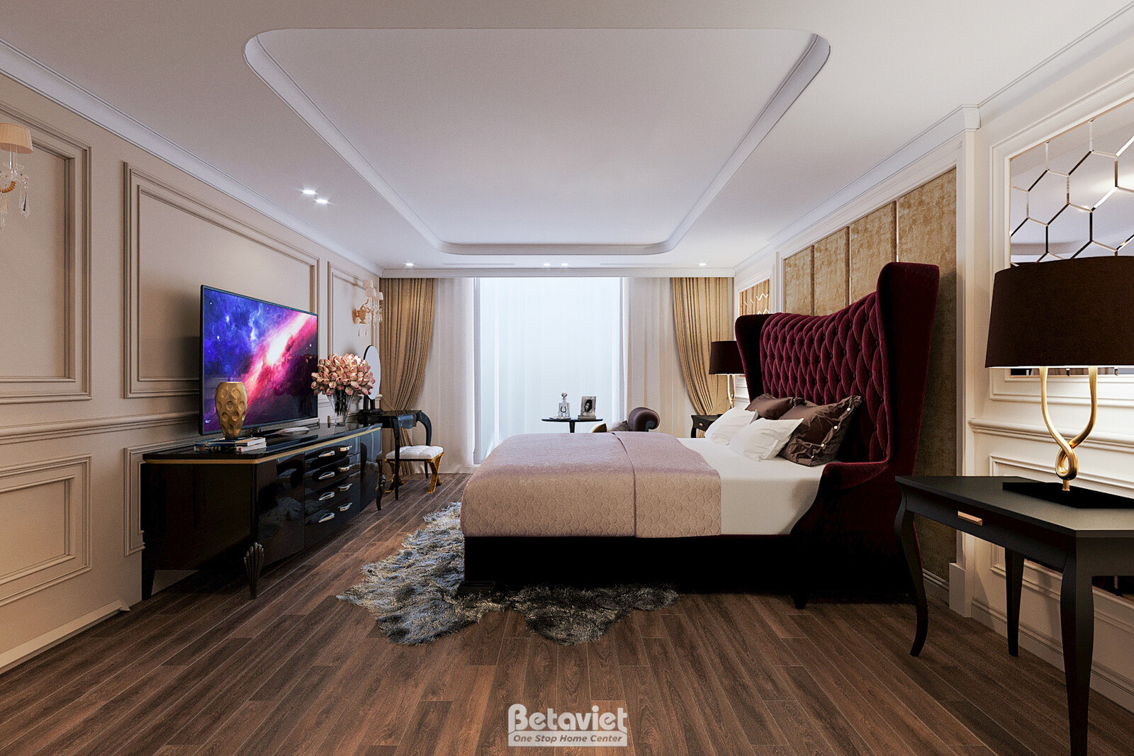 Góc khác phòng ngủ Master Penthouse, tivi treo tường đối diện giường, kệ táp kính hoa văn kim loại. Bảng màu be - nâu - đe…